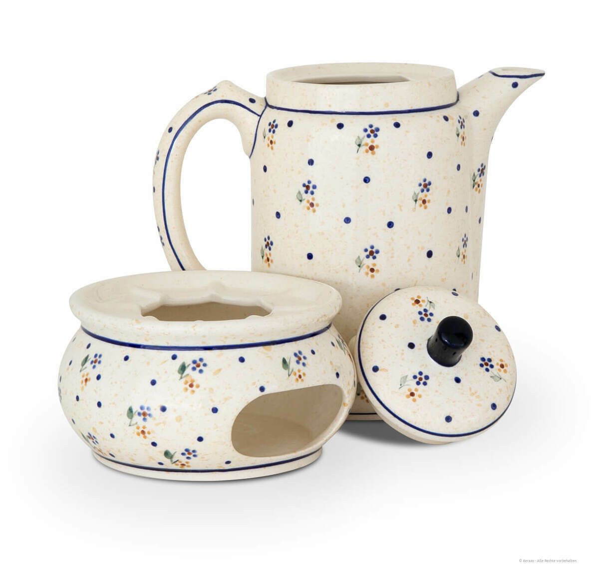 Bunzlauer Keramik Teekanne 1,25L Kaffeekanne mit Stövchen –geradlinig,zylindrische Form,Dekor 111, 1,25 l