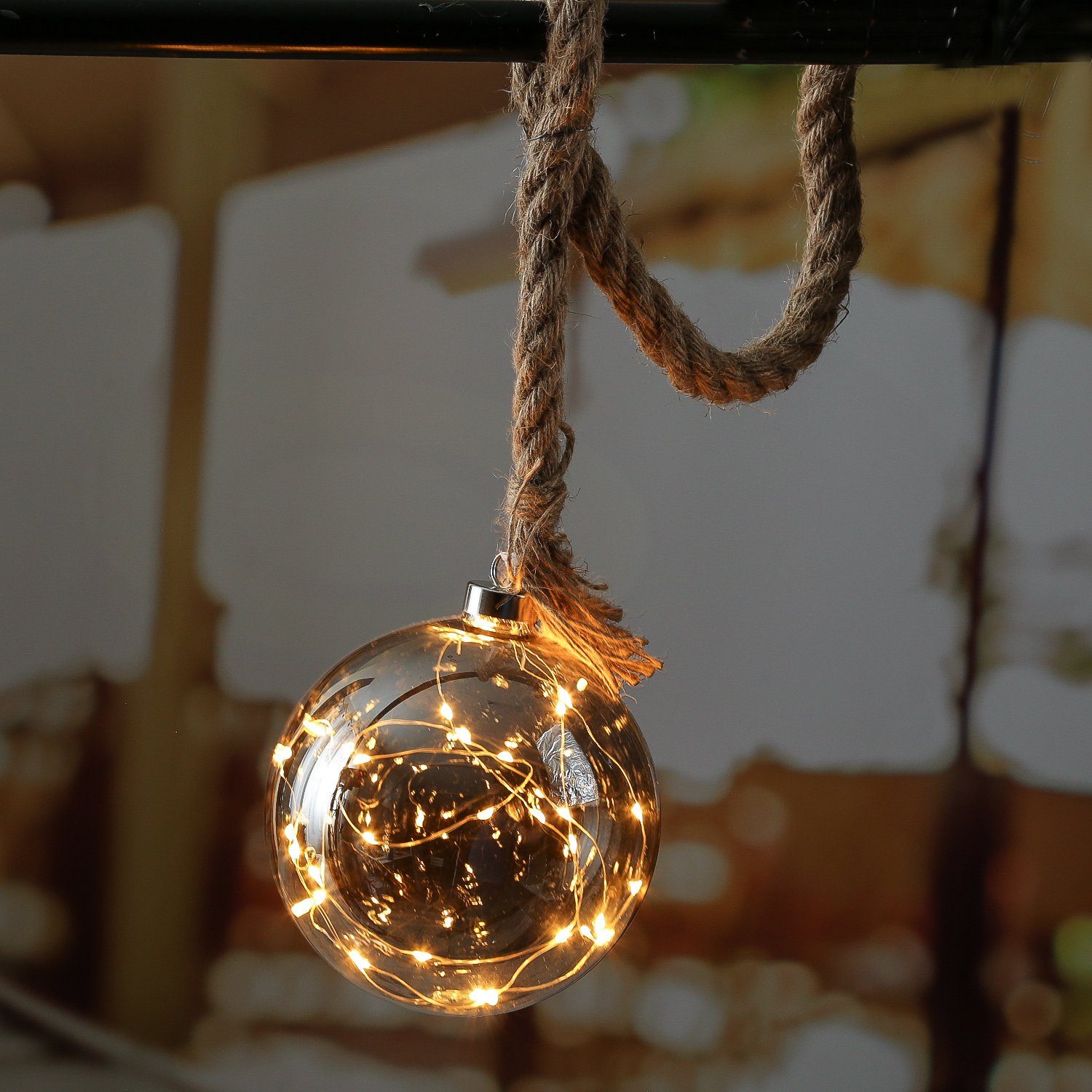 MARELIDA LED Dekolicht LED Glaskugel Deko Kugel Juteseil beleuchtet