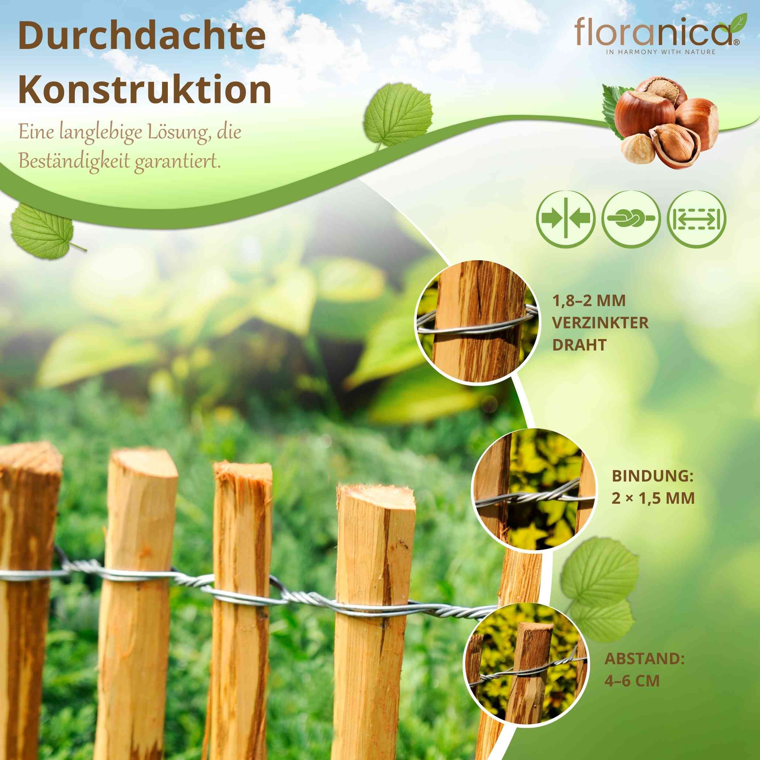 Floranica Staketenzaun Gartenzaun aus Haselnuss oder Kastanie, Steckzaun, Rollzaun, (L / H 100 x 80 cm, 1-St., Lattenafstand 4-6 cm), als Grundstücksgrenze, Hühnerzaun, Gemüsegärten Beeten oder Tierweiden