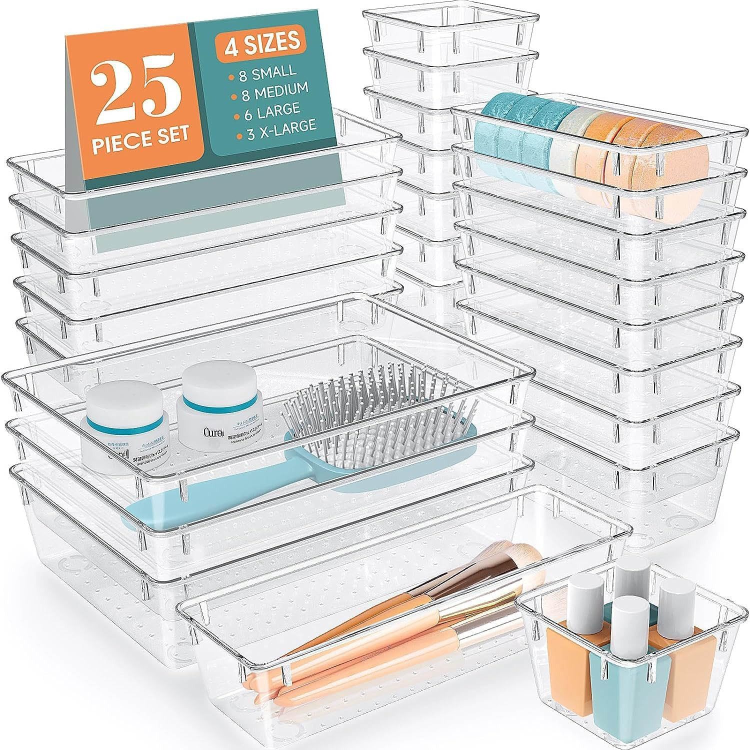 Rhein Beleuchtung Organizer 16/25/37-teiliges Schubladen-Organisationsset aus klarem Kunststoff (25 St., Geeignet für Make-up, Schmuck, Bad, Büro), Mehrere Größen mit rutschfesten Silikonmatten, platzsparend