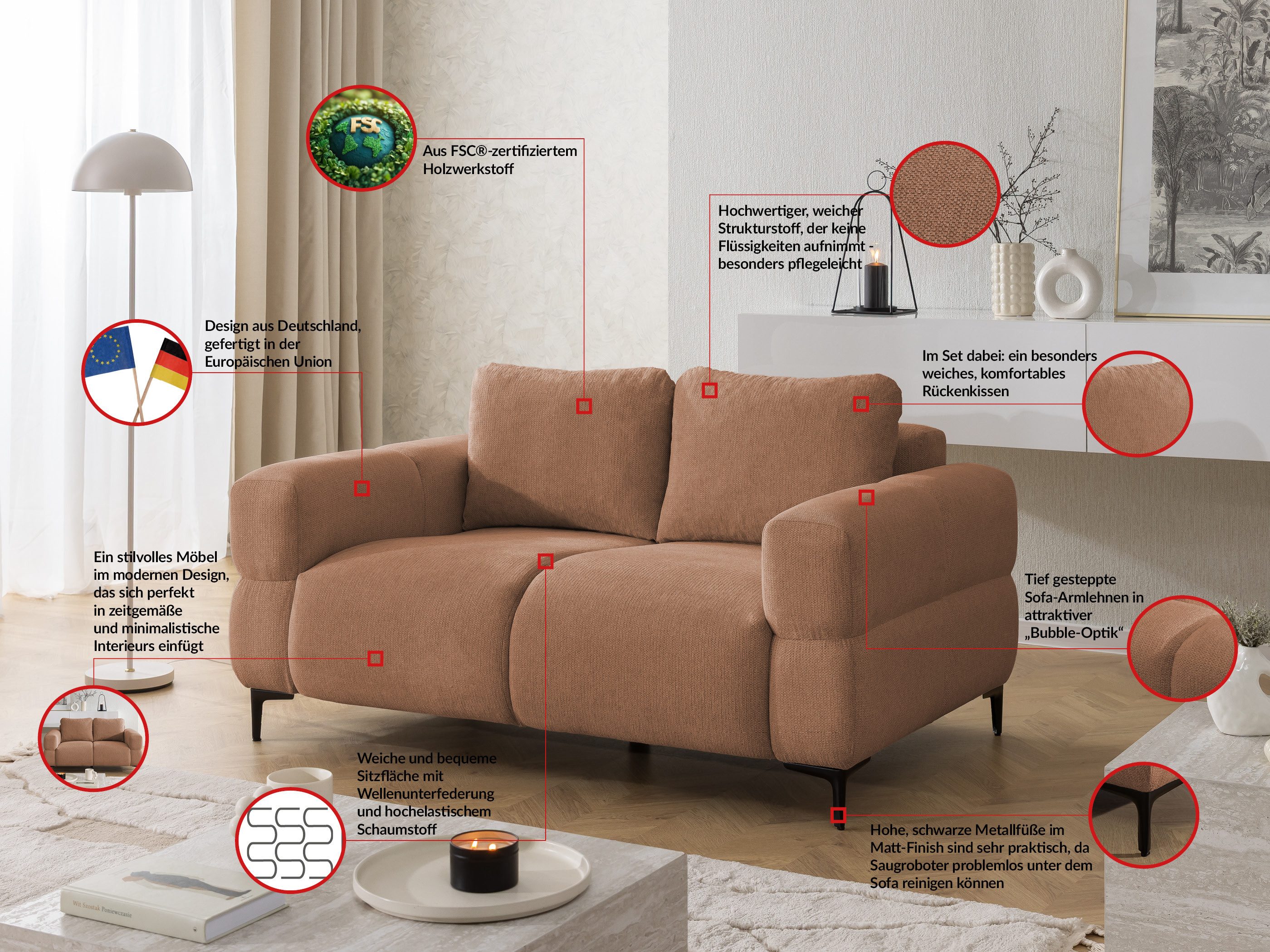 S-Style Möbel 2-Sitzer Sofa Cardea in Bubble-Optik aus weichem Strukturstoff, mit Wellenfederung und hohem Sitzkomfort