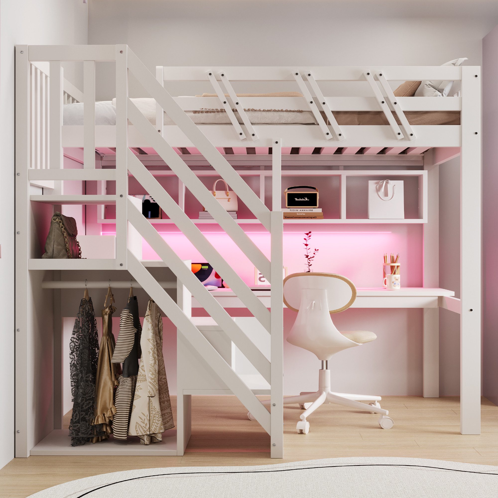OKWISH Hochbett Kinderbett Holzbett (mit Treppe, Aufbewahrung, Schreibtisch & USB-Anschluss – LED-Beleuchtung, stabiler Holzrahmen, 90x200 cm) Inklusive Matratze