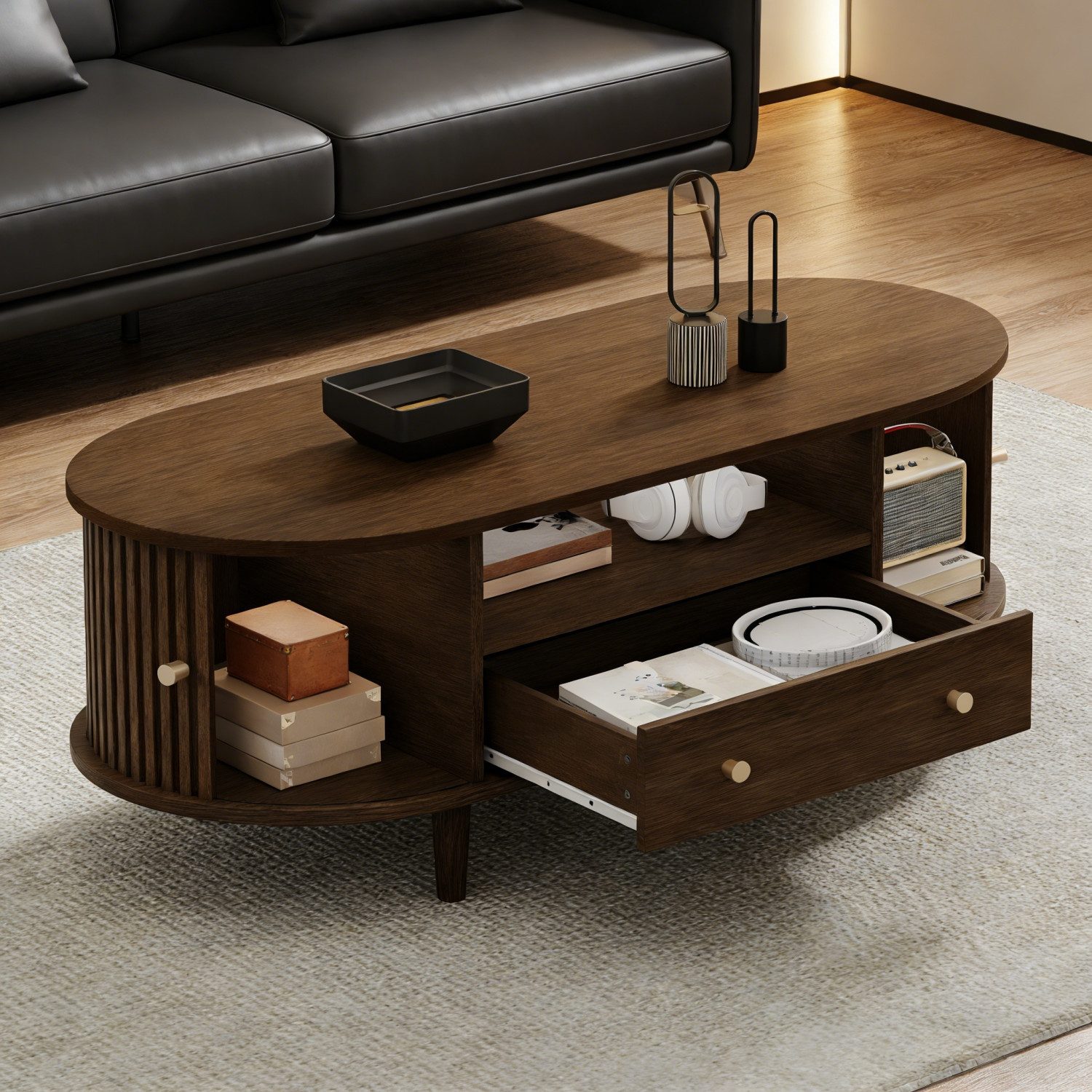 ANYSUN Couchtisch Wohnzimmer Kaffeetisch,Couchtisch mit Eine Schubladen,Beistelltisch (mit Rolltür und Offener Lagerraum,Wohnzimmertisch), Modernes Wohnzimmer Beistelltisch,Für Büro Und Party