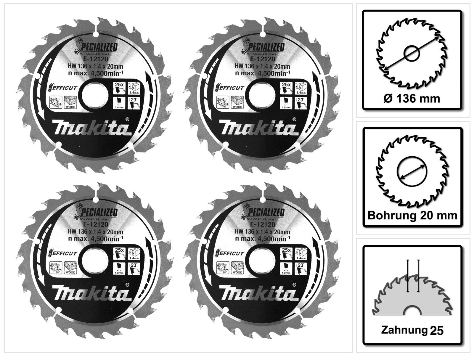 Makita Kreissägeblatt CCM13625E SPECIALIZED EFFICUT Sägeblatt 4 Stk. (4x E-12120) 136