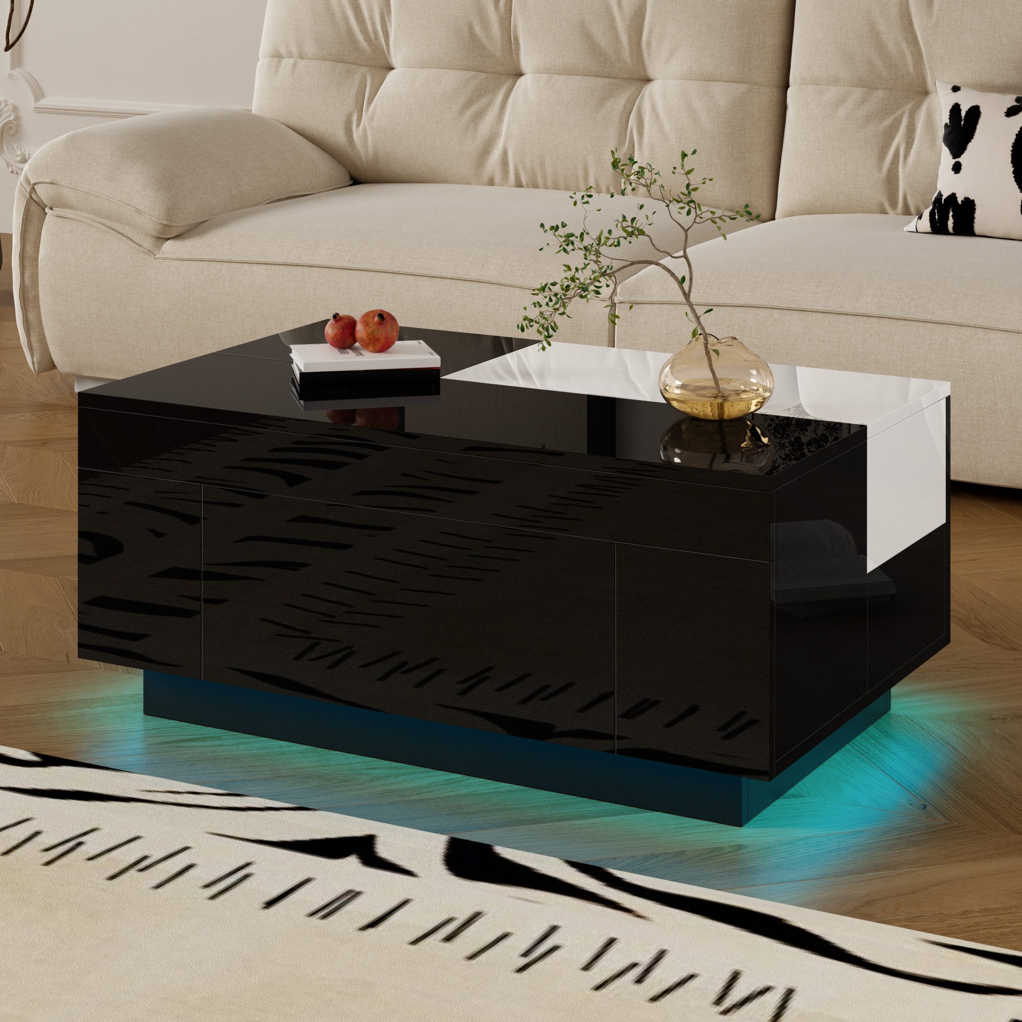 REDOM Couchtisch mit RGB-LED Beleuchtung, 16 Farben (Satztisch, Wohnzimmertisch, Beistelltisch, 1-St., mit ausziehbarer Tischplatte), App & Bluetooth Steuerung