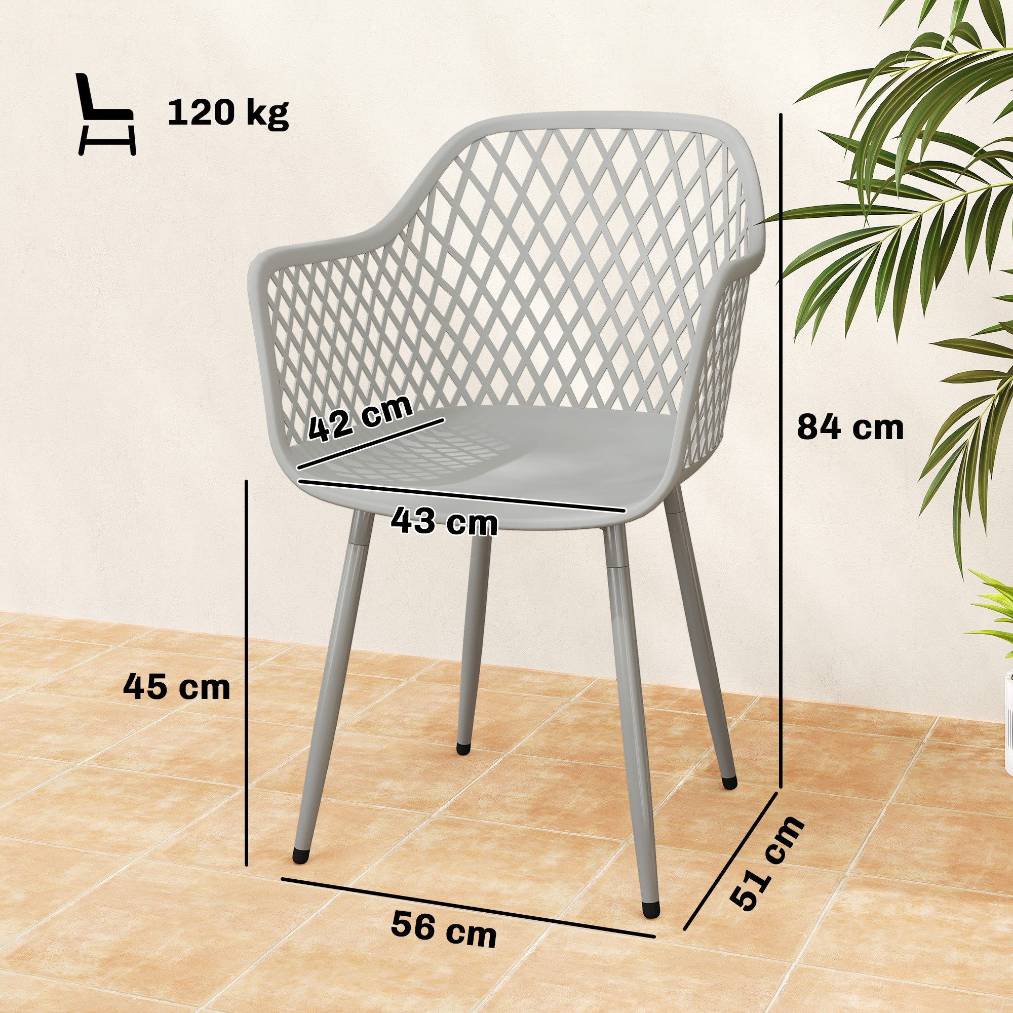 Outsunny Gartenstuhl Balkonstühle aus Kunststoff mit Armlehne Rückenlehne (UV-beständige Terrassenstühle, 4 St), bis 120 kg belastbar für Hinterhof, Garten, Balkon Grau