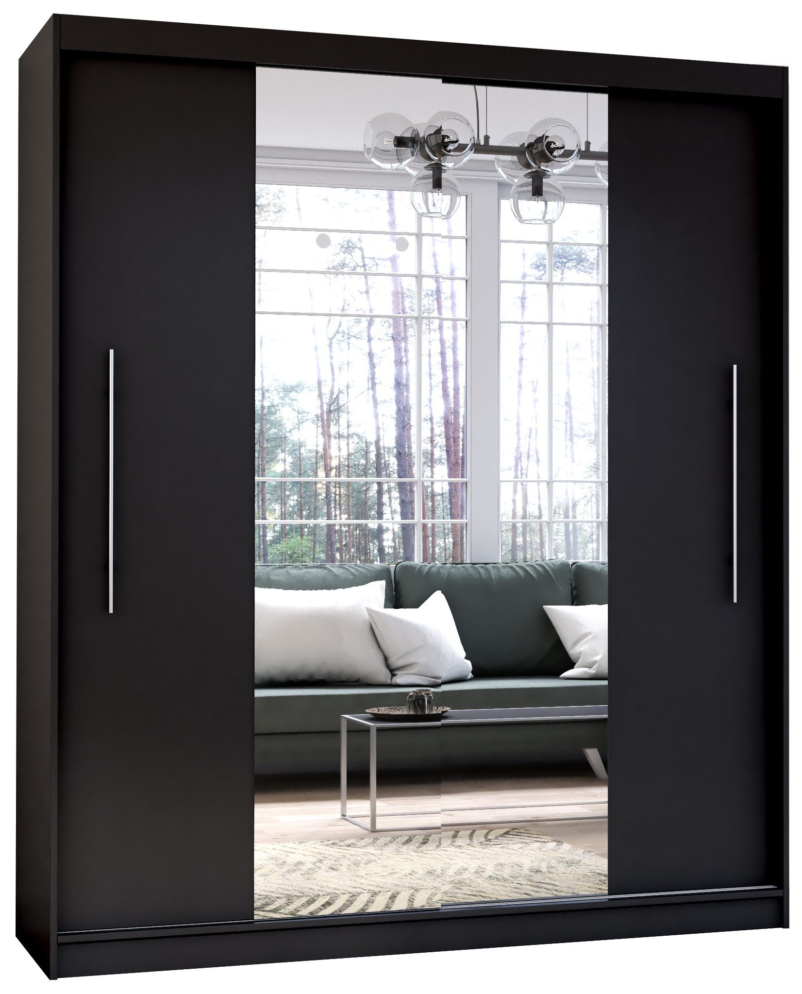 Polini Home Schwebetürenschrank Prime Comfort 204x218x58 cm Spiegel mittig in Schwarz schwarz | schwarz