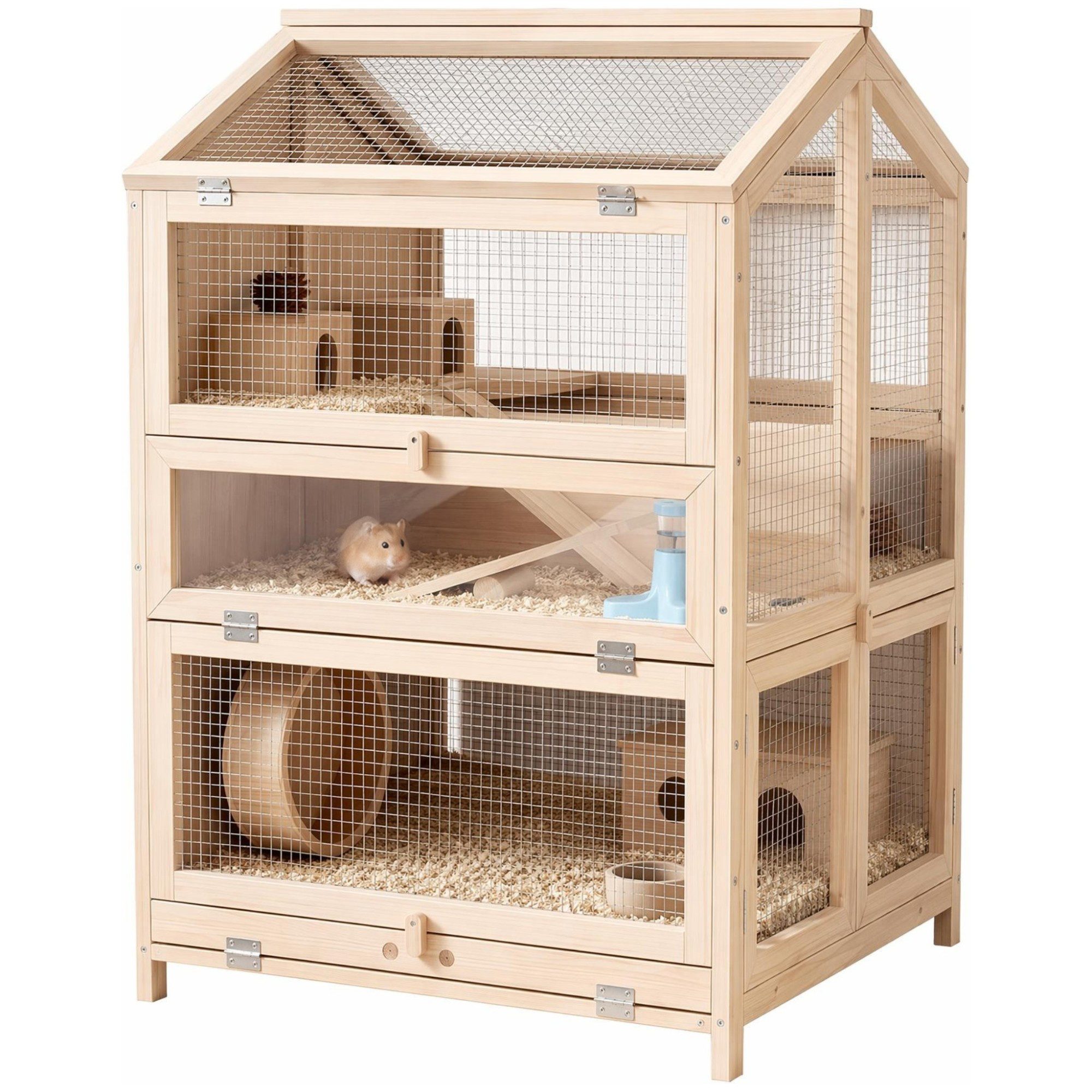 PawHut Kleintierkäfig Hamsterkäfig aus Holz mit Hütten Wippen Rampen Wasserschalen, für Kleintiere 68 x 61,5 x 90 cm Naturholz