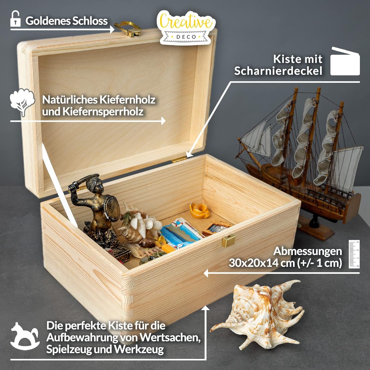 Creative Deco Holzkiste Natur mit Deckel und Schloss, Erinnerungsbox Baby Groß Holzbox mit Deckel Unlackiert Kasten