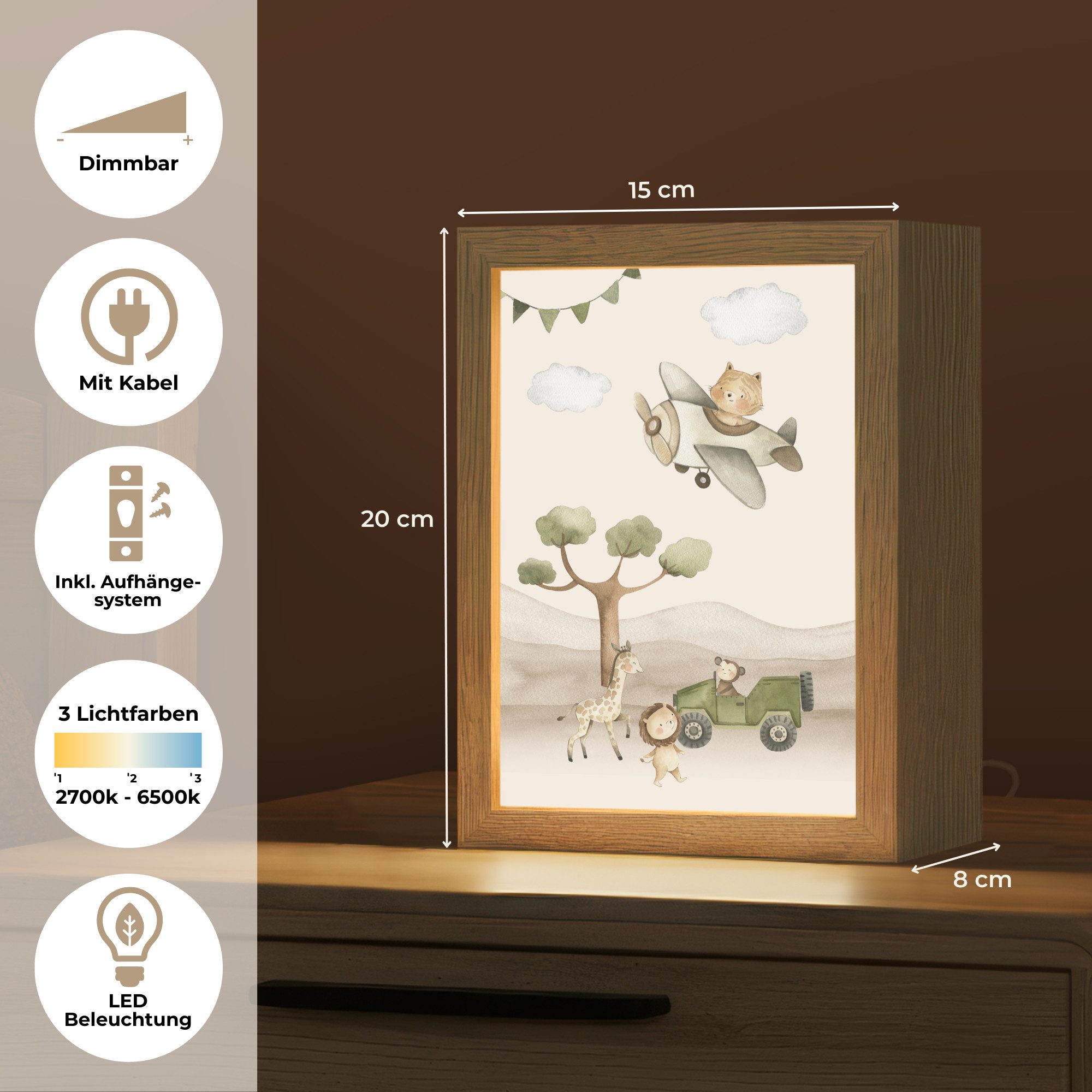 OnlyWow Nachttischlampe Lightbox Wildlife - Safari - Pastellfarben - Aquarell - Flugzeug - Mäd, Dimmbar, Farbwechsel, LED, Warmweiß, Kaltweiß, Neutralweiß Einstellbar, Kinderzimmer, Babyzimmer, Dimmbar, mit Kabel, Nachtlampe, LED