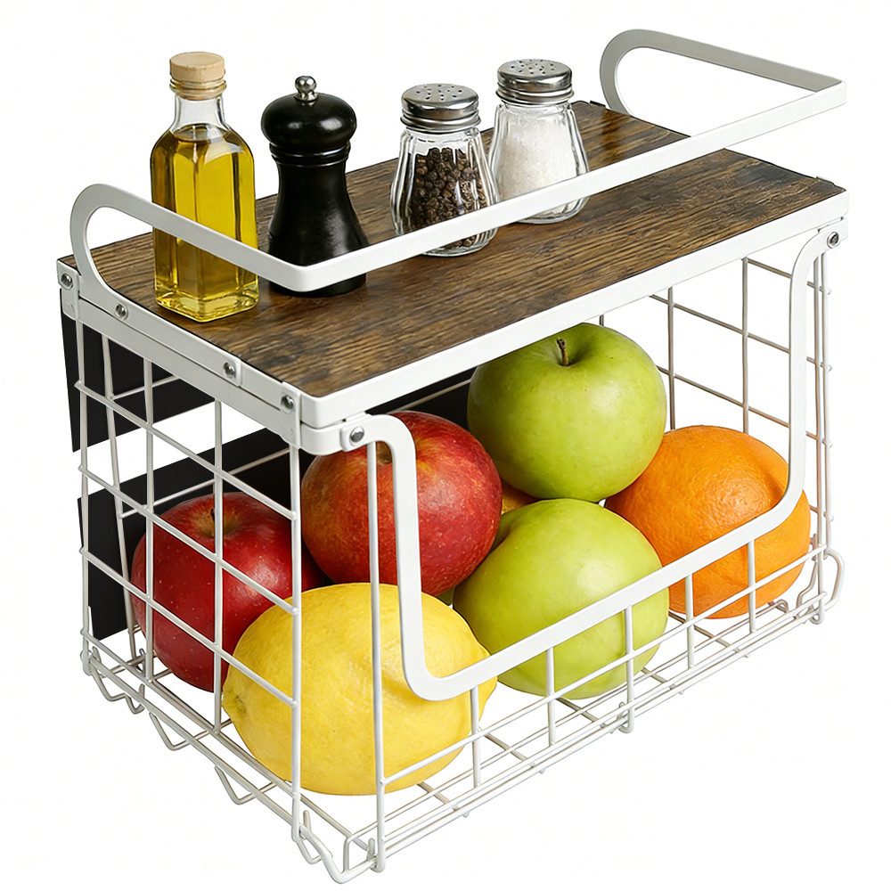JEOBEST Obstschale Obstkorb Wandregal magnetisch, Küchenkörbe mit Holzdeckel, (1-tlg), Hochwertiger Kohlenstoffstahl + Holz, Platzsparendes