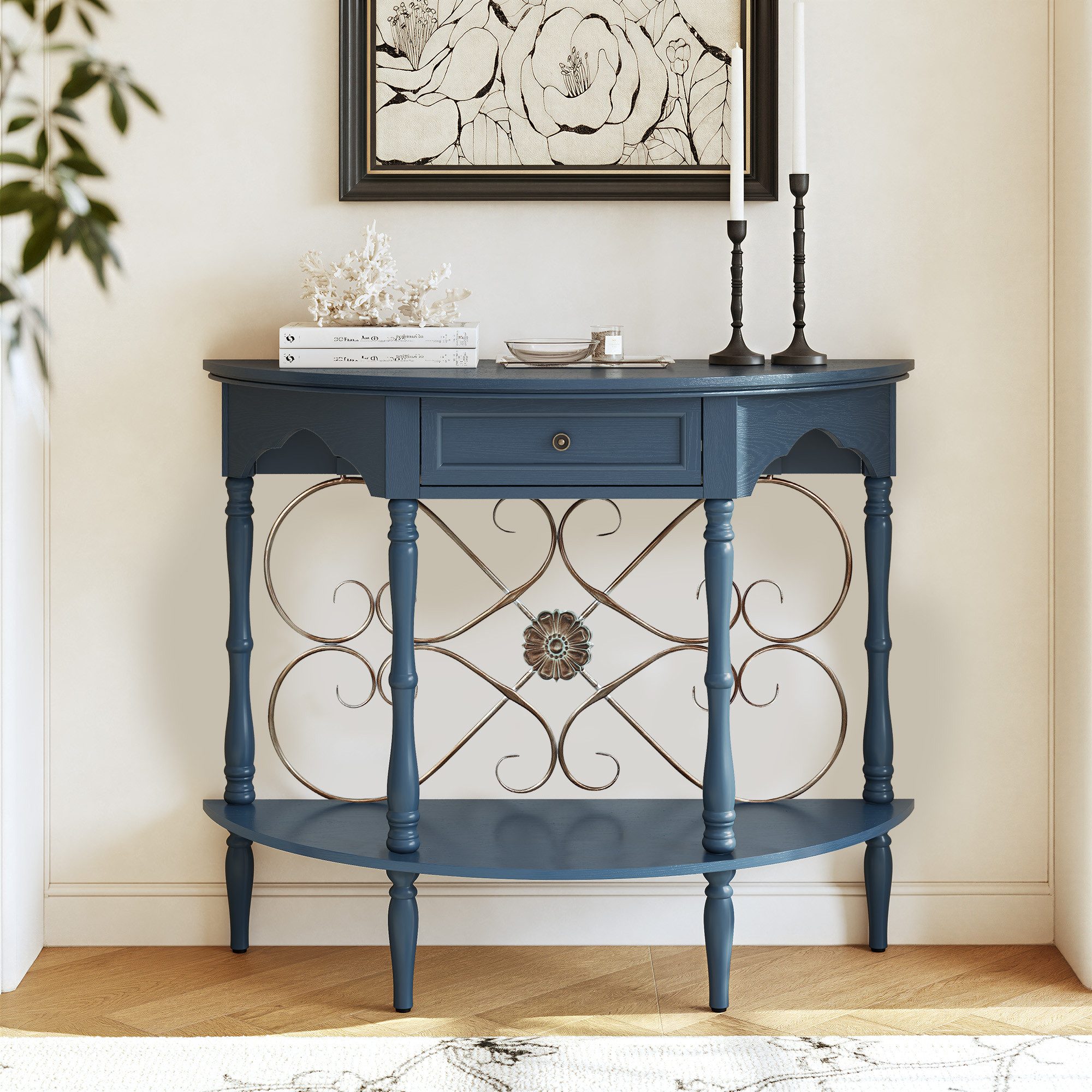 HOLTICO Konsolentisch mit Floralen Metallverzierungen, für Flur, Diele, Wohnzimmer, Braun (1-St), mit Schubladen und Floralen Metallverzierungen