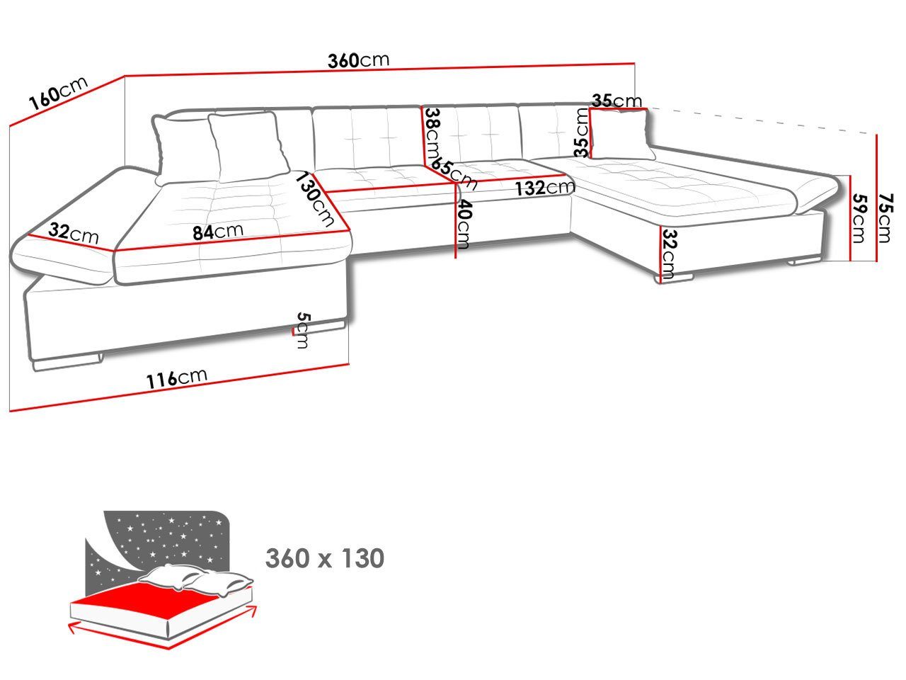 Wohnlandschaft MIRJAN24 Couch mit Ecksofa, Bettkasten Armlehnen, Regulierbare Alia Schlaffunktion, Wohnlandschaft mit Sofa U-Form Premium, 2 und