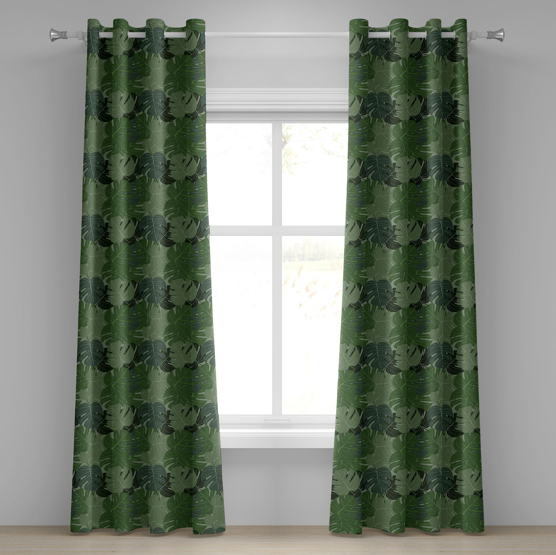 Gardine Dekorative 2-Panel-Fenstervorhänge für Schlafzimmer Wohnzimmer, Abakuhaus, Waldgrün Camo Palmblätter