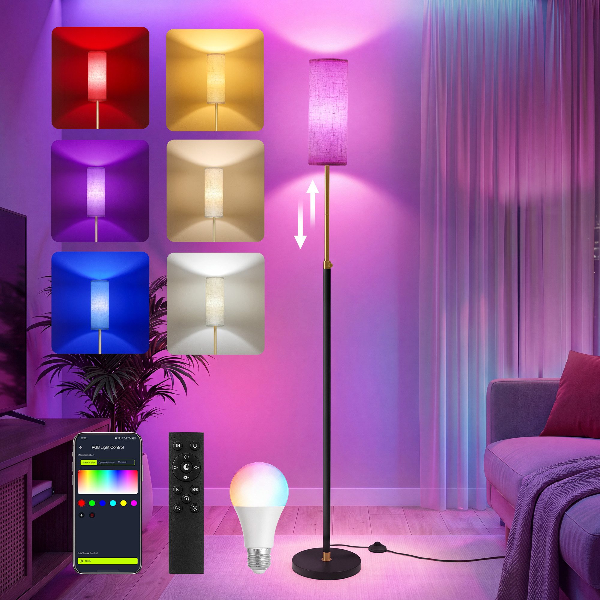 VASAGLE Stehlampe Stehleuchte, Standleuchte, modern, höhenverstellbare Leselampe, mit Fußtaster, Lampenschirm aus Stoff