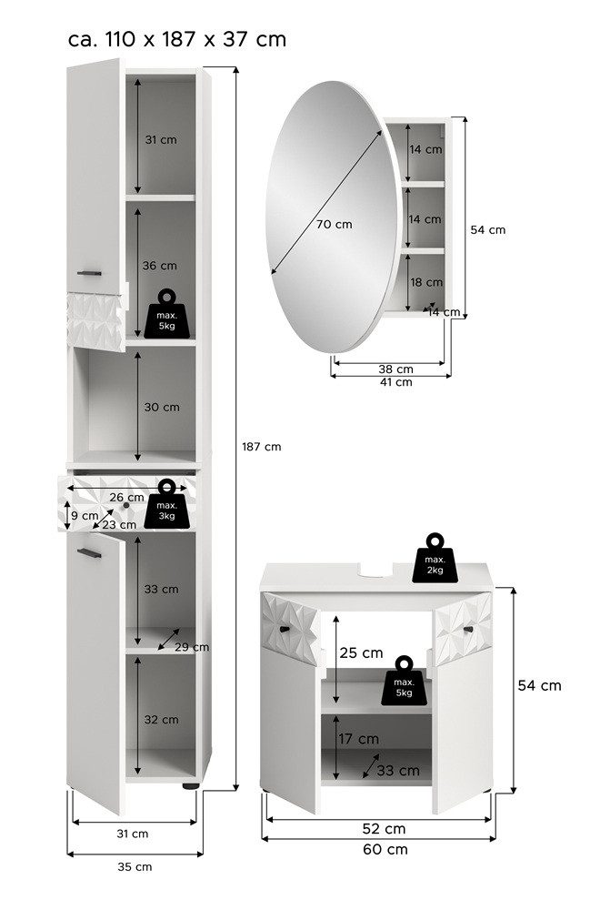 xonox.home Badmöbel-Set Badezimmer-Set Prisma, weiß / weiß Hochglanz, 3-teilig, optional, (3-St), Badmöbel, Badkombination