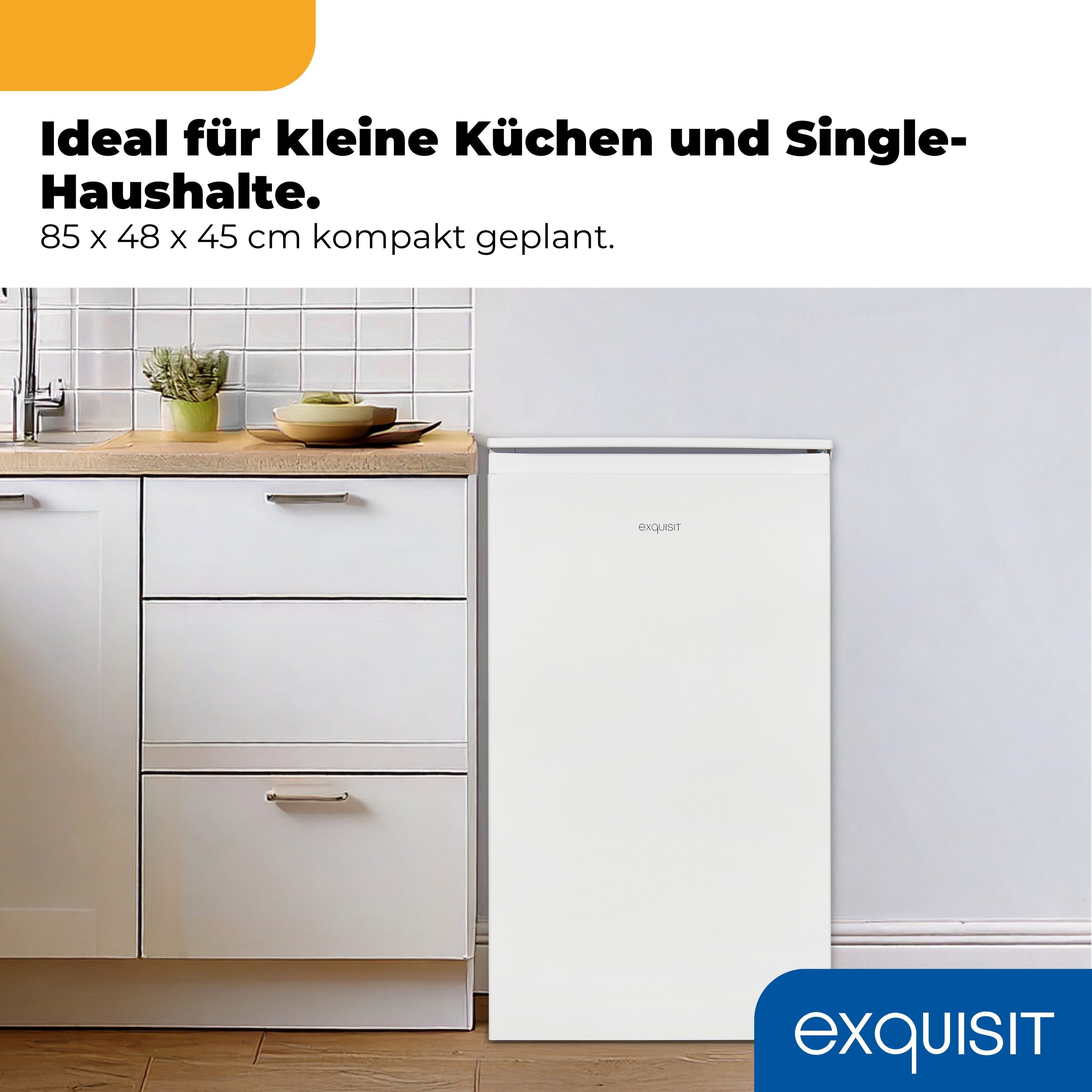 exquisit Kühlschrank KS5117-3-010E, 85 cm hoch, 48 cm breit, 82 Liter, Freistehend, 3-Sterne-Gefrieren, Türanschlag wechselbar