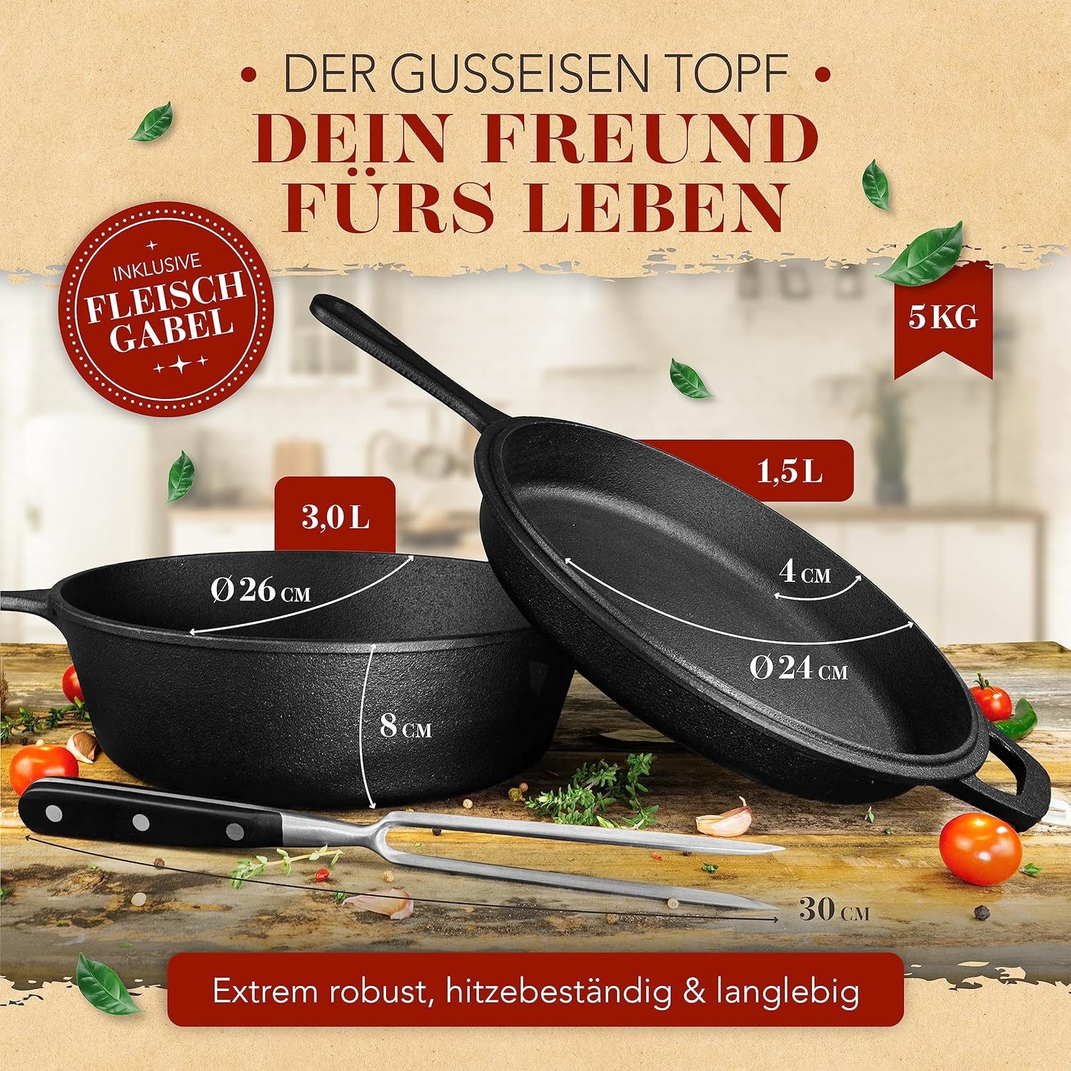Krustenzauber Schmortopf Gusseisen Topf [inkl. Fleischgabel] -, (Robuster 26cm Gusseisen Bräter mit Deckel Backofengeeignet, Ideal als Schmortopf Induktion, Dutch Oven Set, Kazan, Cast Iron Pot)