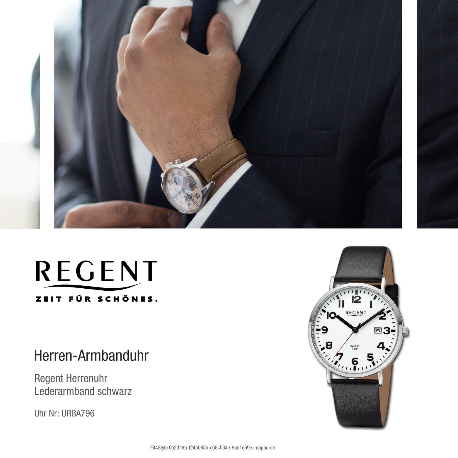 Regent Analog, Herren (ca. Herrenuhr Quarzuhr rundes groß Armbanduhr Regent schwarz, 39,3mm) Gehäuse, Lederarmband