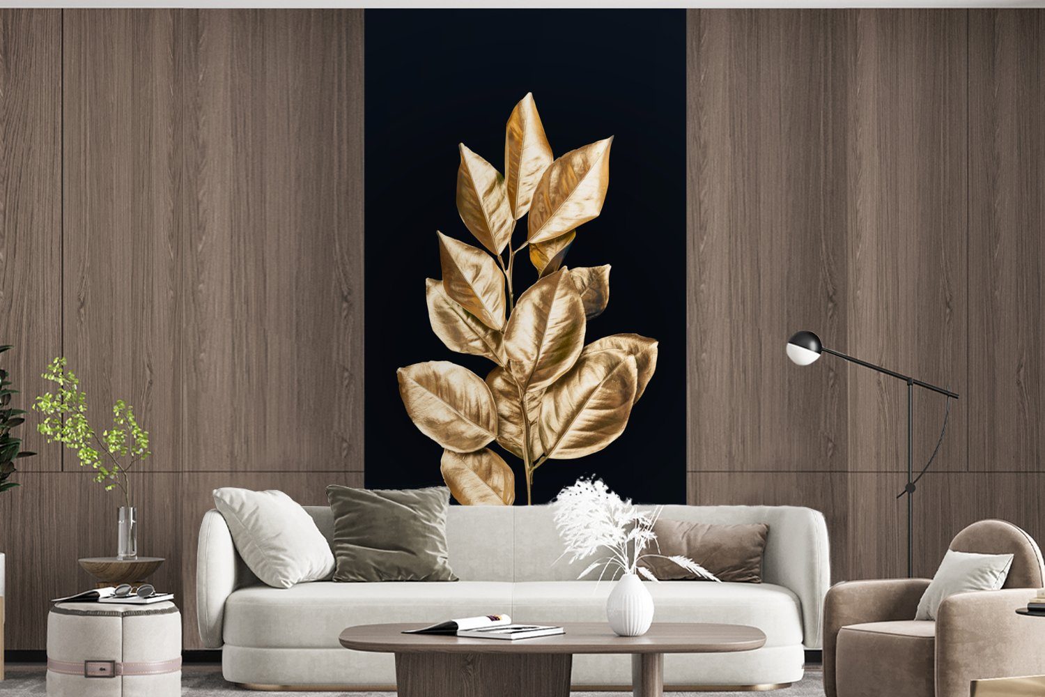 - - - Wohnzimmer Blätter Pflanze Schwarz - MuchoWow (2 bedruckt, Vliestapete St), Schlafzimmer Küche, Matt, Gold für Luxus, Fototapete Fototapete