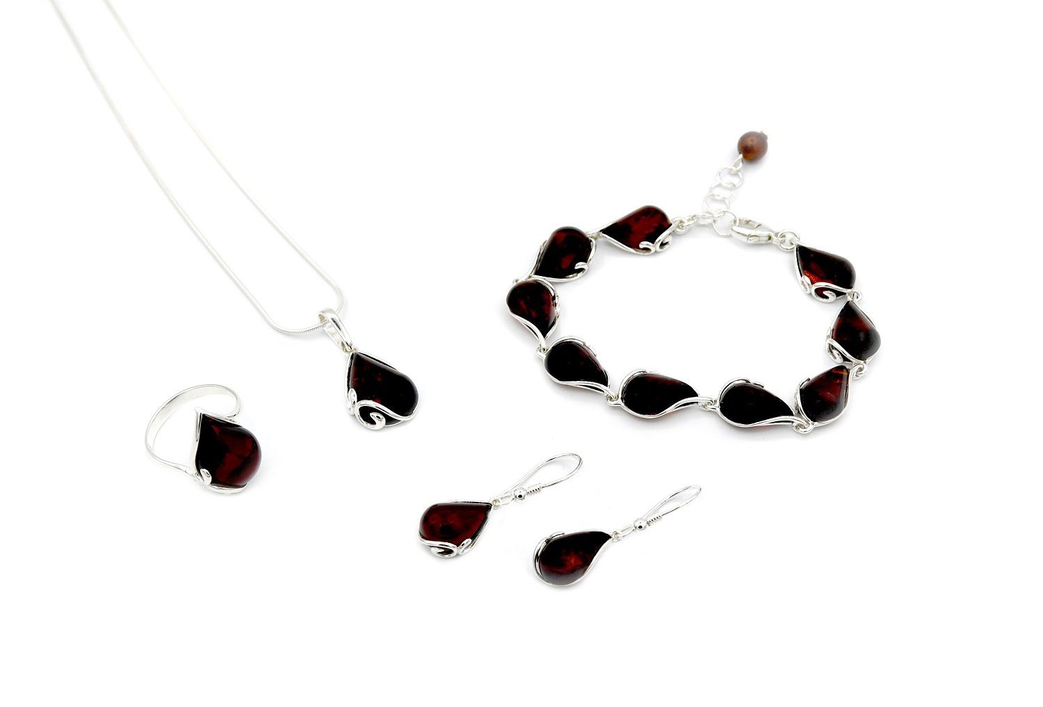 MyBer® Schmuckset Bernstein Schmuck Set Halskette Pendant Armband Ohrringe Ring (6-tlg), weinrot dunkelrot Damen Silber 925 PMBER4