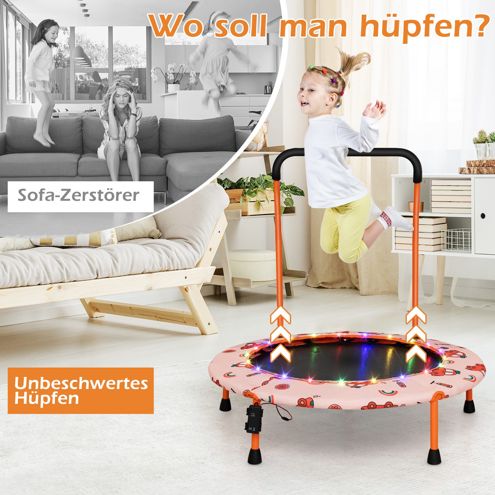 COSTWAY Kindertrampolin, φ92 cm mit LED & Griff