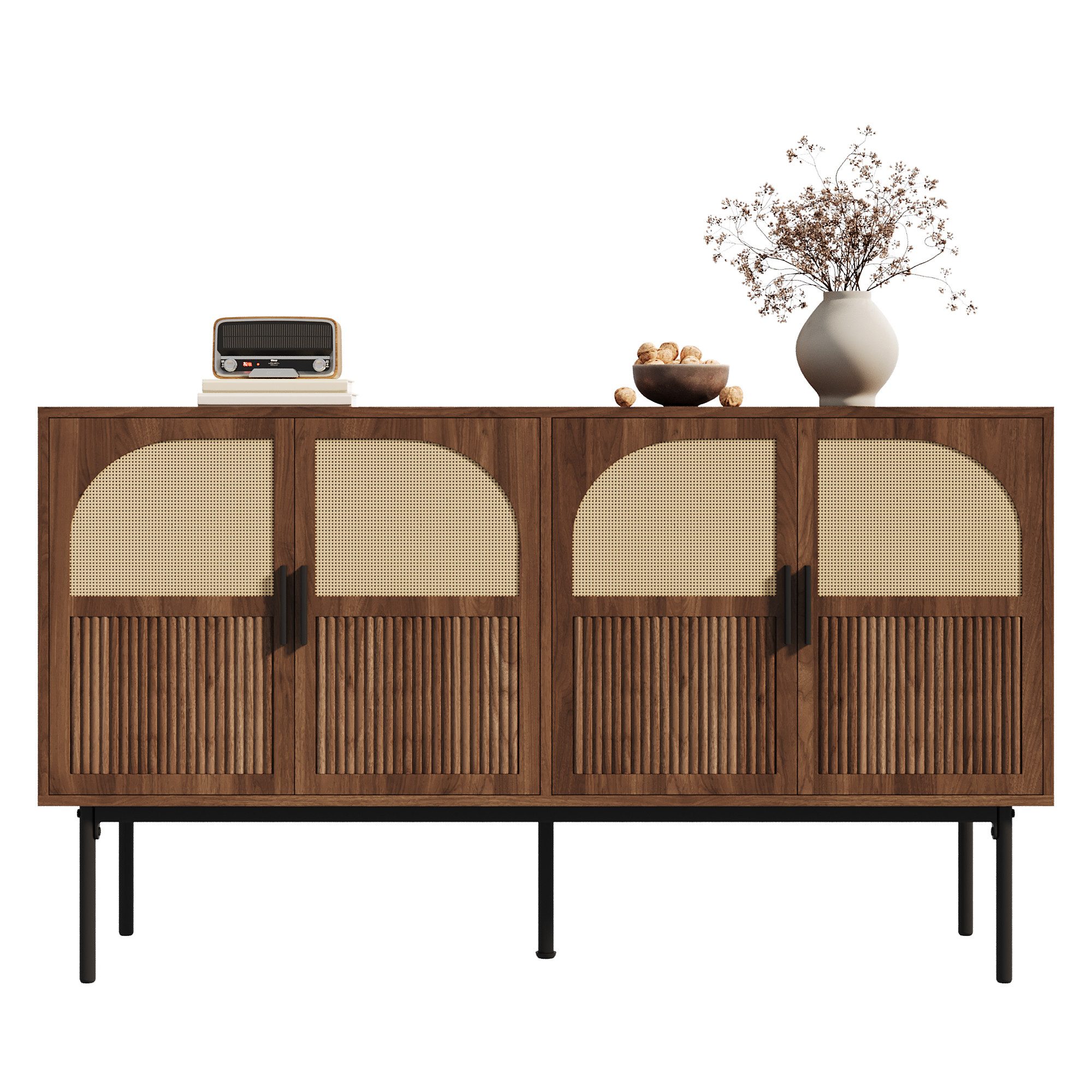 Merax Sideboard mit 4 Türen, Rattanfurnier und Walnussholz-Optik (1 St., Aufbewahrungsschrank Anrichte), Kommode mit Stauraum, gedämpften Scharnieren & Stahlbeinen,140×40×80cm