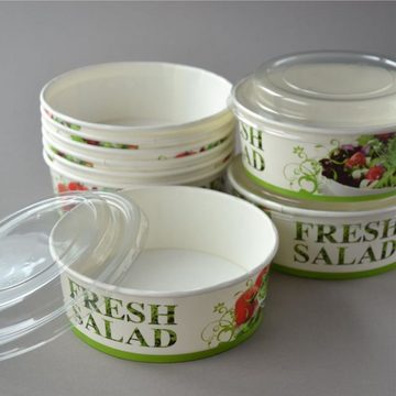 Einwegschale 300 Stück Salatschalen mit Deckel, "Salat-Motiv", rund, 550 ml, Salatbox Paper Bowls Pappsalatschale Salad Cups