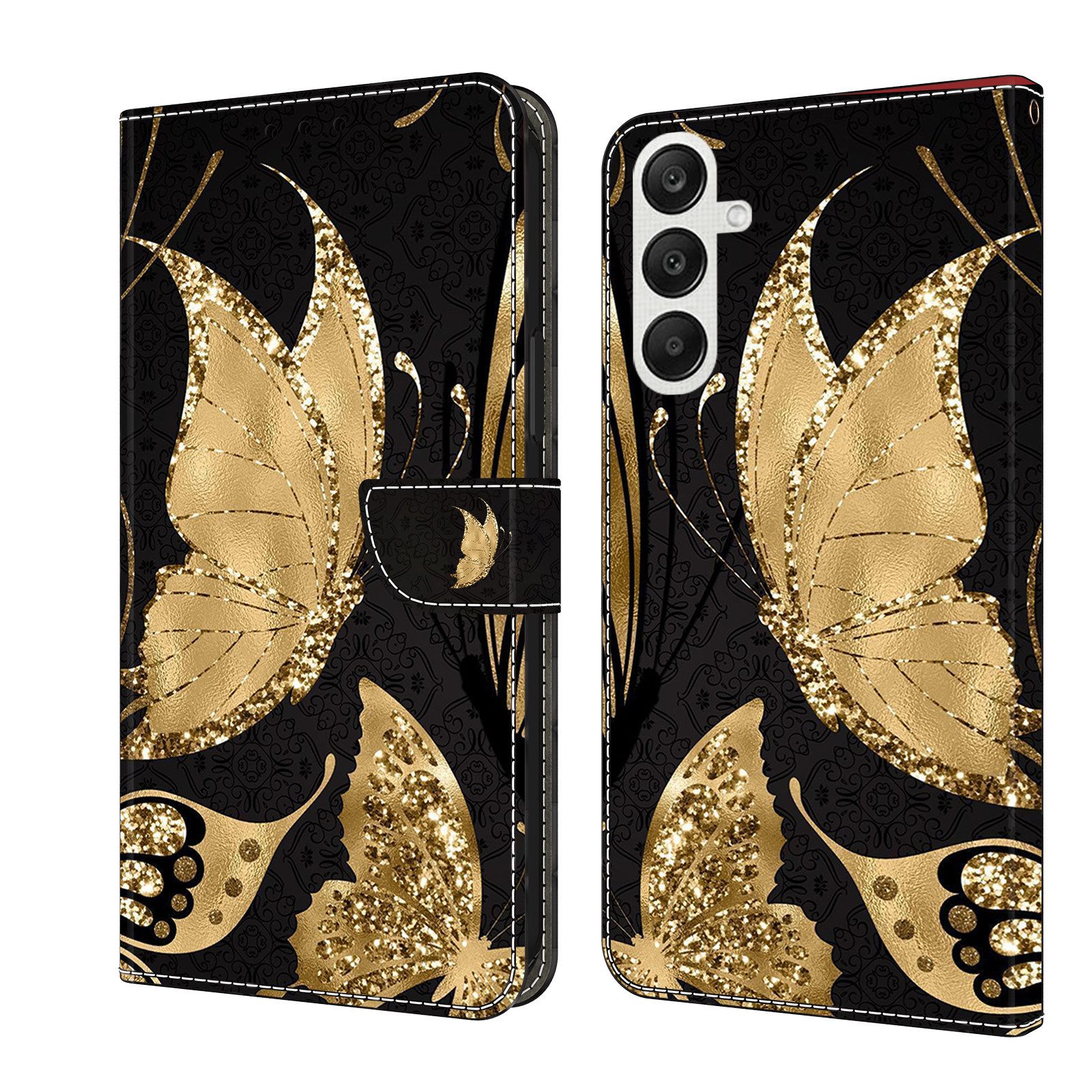 CLM-Tech Handytasche für Samsung Galaxy A36 5G Hülle aus PU-Leder Klapphülle (goldene Schmetterlinge, Handyhülle mit Standfunktion - Wallet Flip Case inklusive Kartenfächer), Cover mit Magnetverschluss Samsung Galaxy A36 5G Schutzhülle