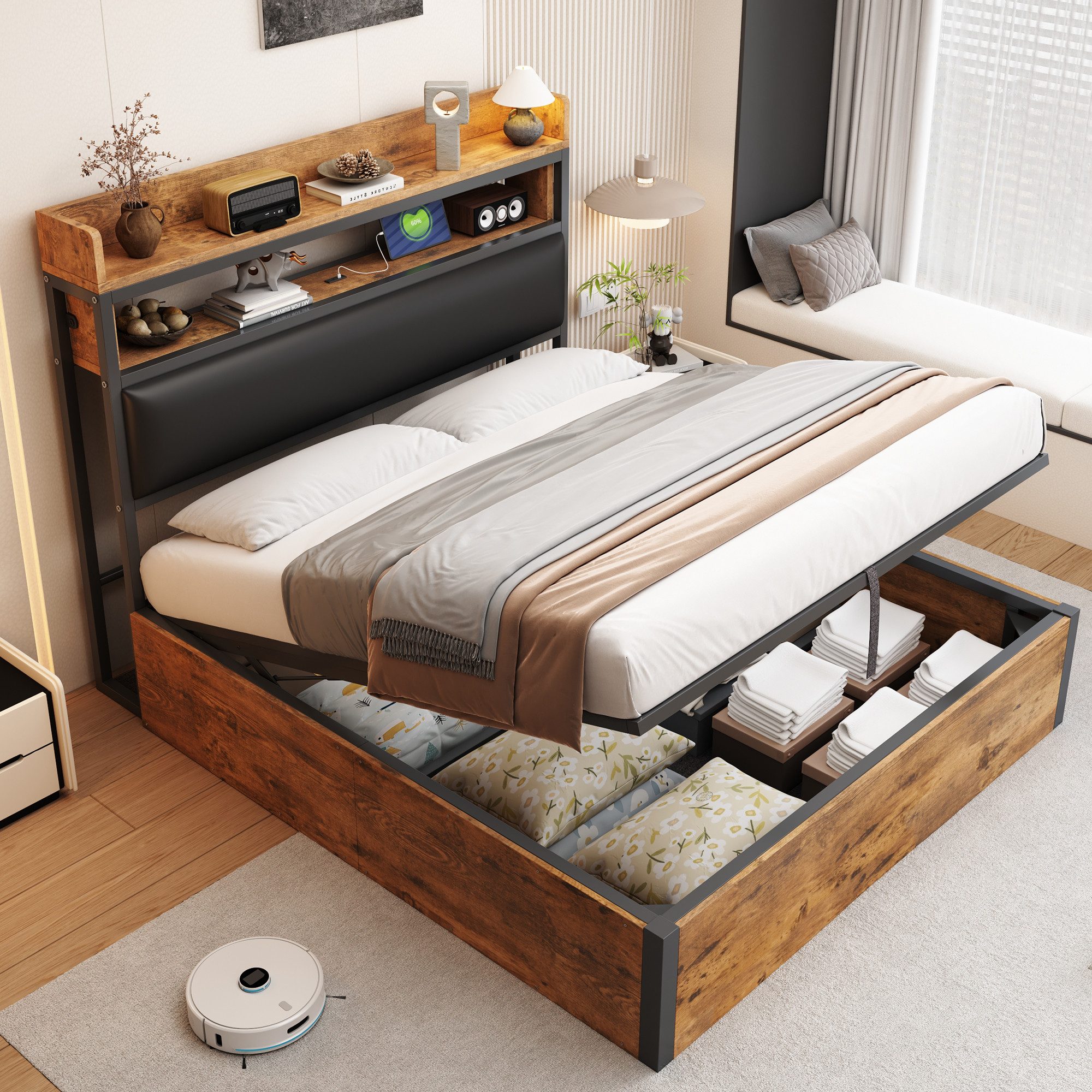 Merax Polsterbett Metallbett mit gepolstertem Kopfteil & Retro-Holz-Metall- günstig online kaufen