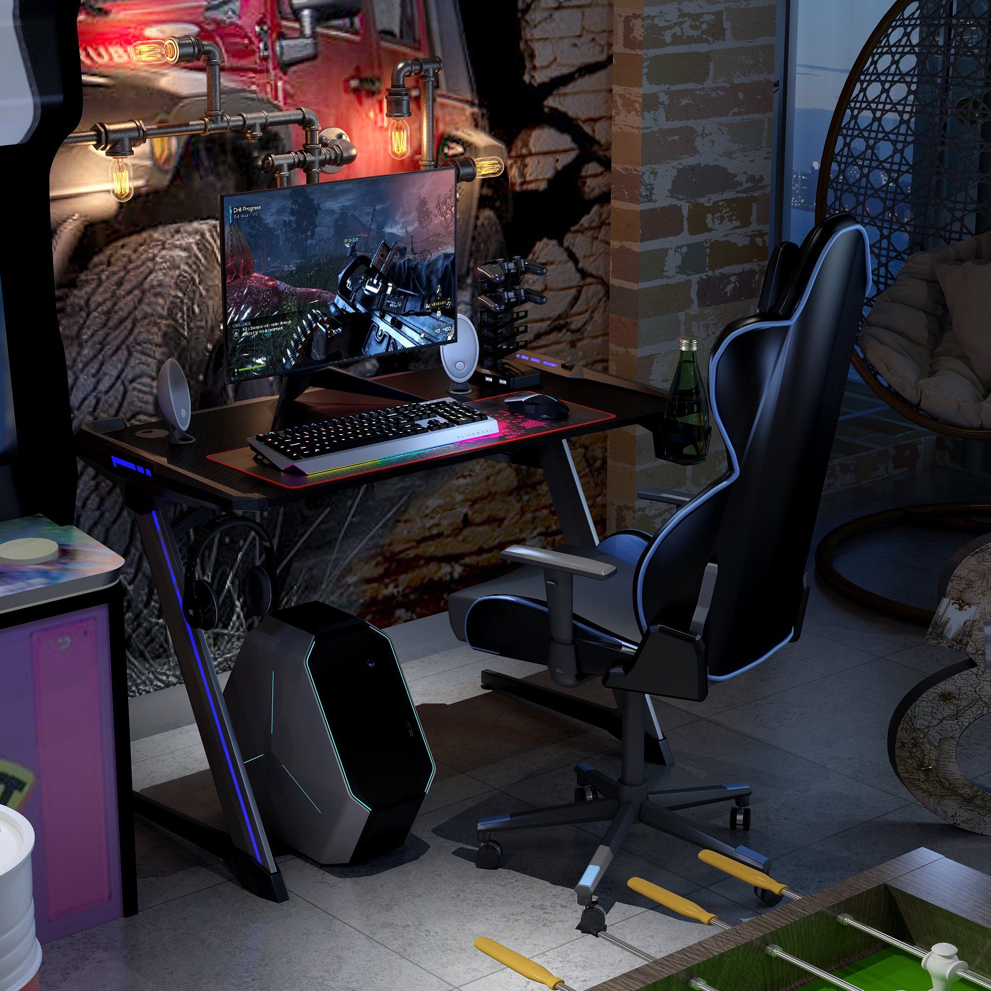 Gamingtisch, 4 mit RGB-Led, Z-förmig Controller-Halterung 120cm USB, COSTWAY
