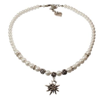 Alpenflüstern Ketten-Set Trachtenschmuck-Set Perlen-Trachtenkette, Armband und Ohrstecker Strass-Edelweiß (creme-weiß), - Damen-Trachten-Schmuck, Trachtenset Dirndl-Kette, Armkette, Ohrringe