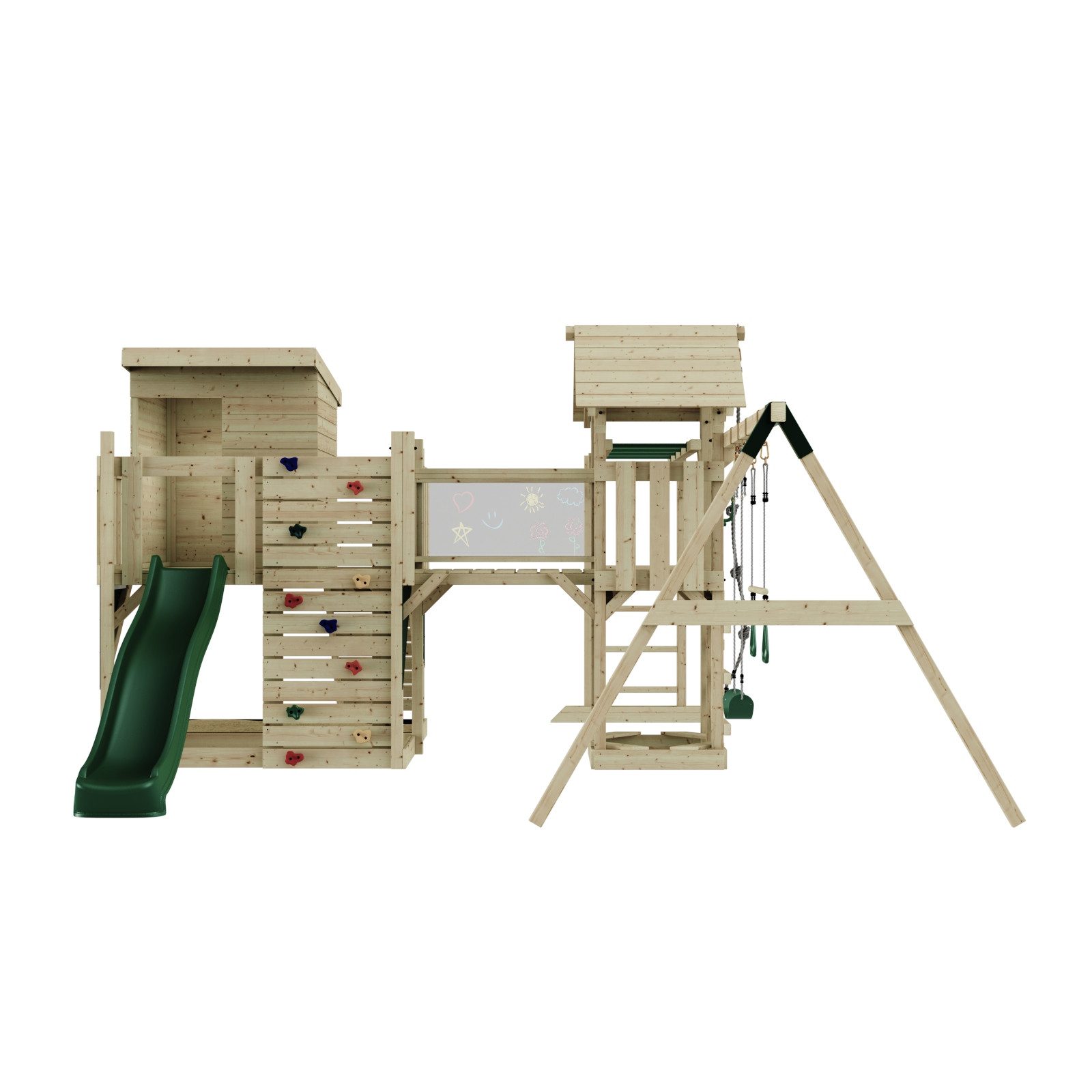 OutdoorToys Spielturm Malou, aus Holz in Dunkelgrün mit Trapezschaukel mit Rutsche
