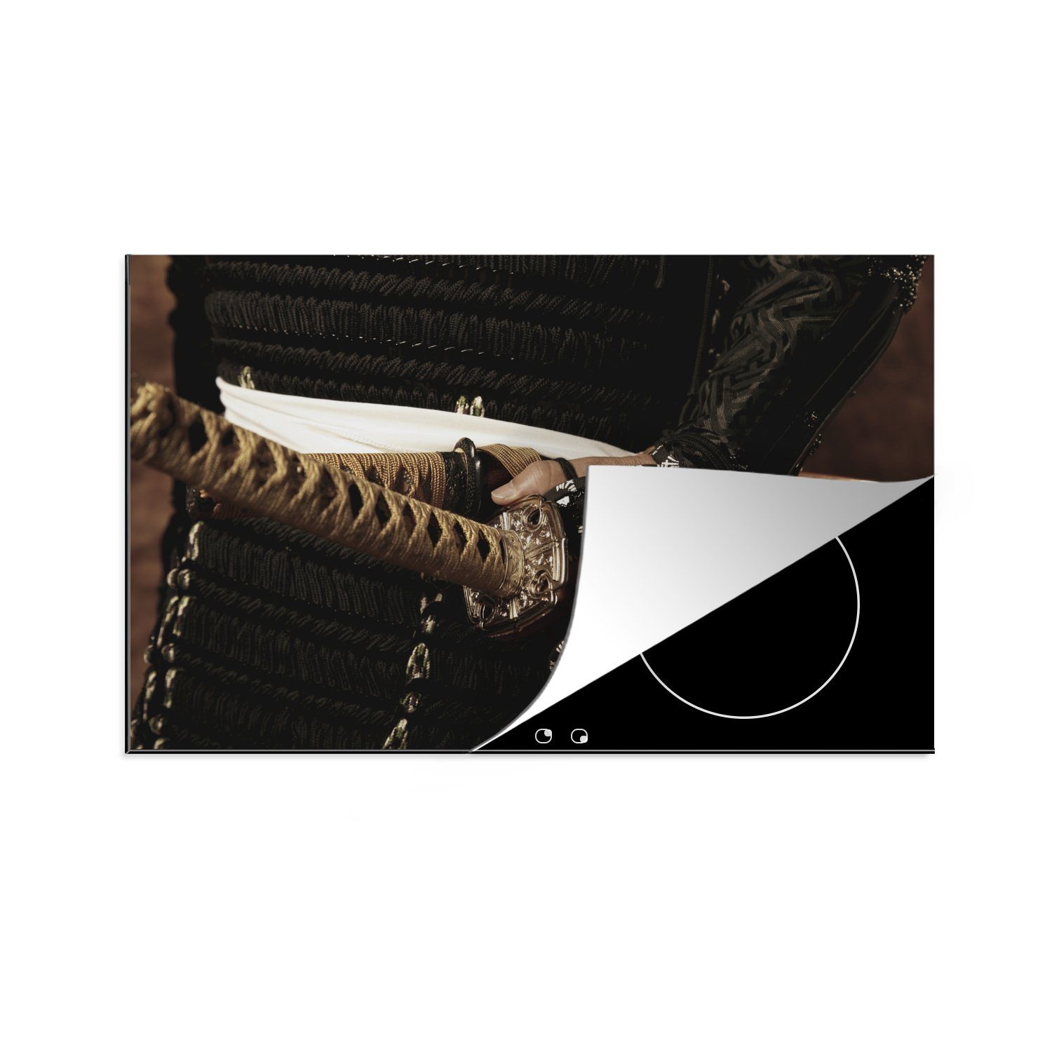 MuchoWow Herdblende-/Abdeckplatte Die Schwerter eines Samurai in der Hand, Vinyl, (1 tlg), 81x52 cm, Induktionskochfeld Schutz für die küche, Ceranfeldabdeckung