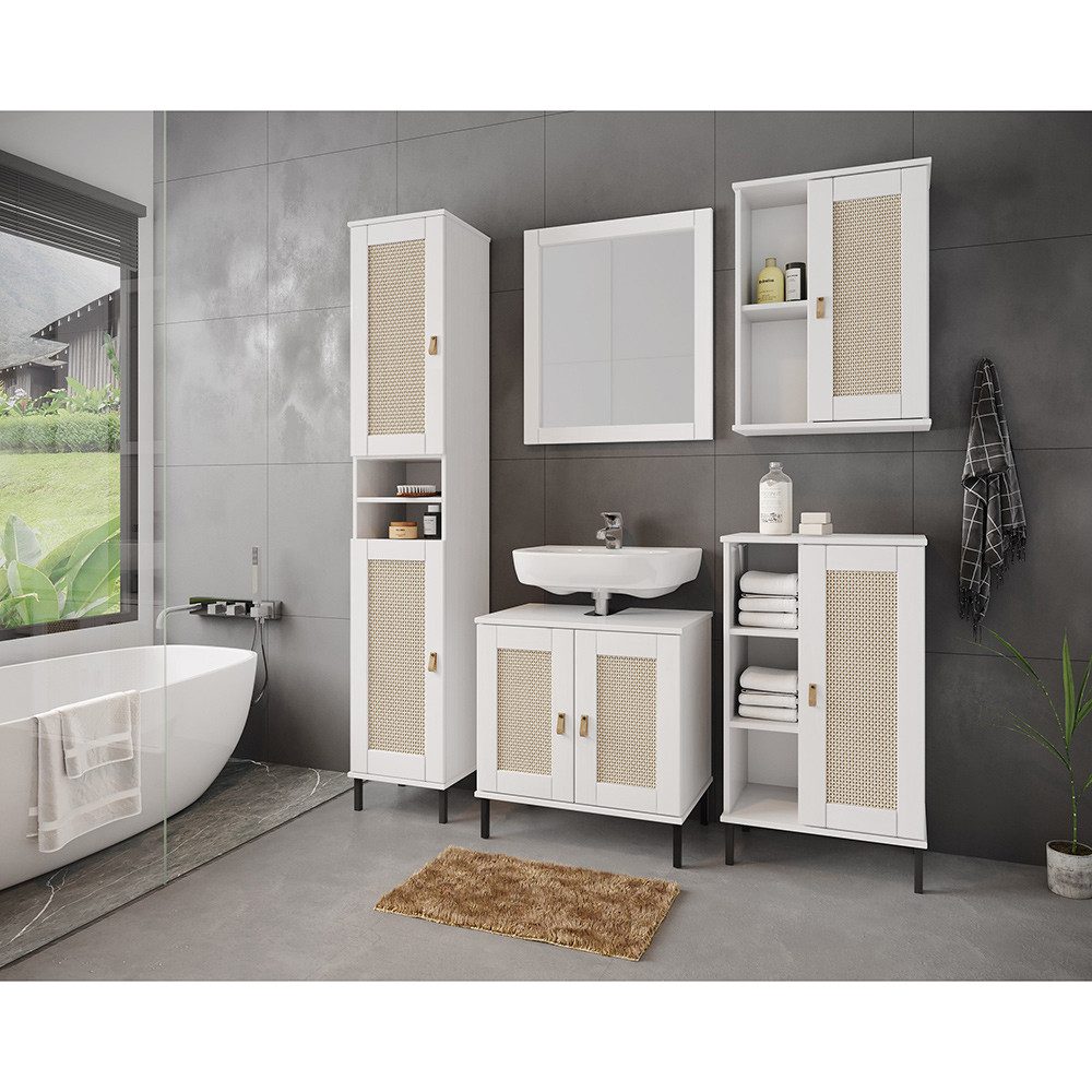 Lomadox Badmöbel-Set WATFORD-69, (Spar-Set, 5-St., Waschbeckenunterschrank Spiegel Regal Hängeschrank), Kiefer massiv weiß, Rattaneinsatz, Boho-Chic, Lederlaschengriff