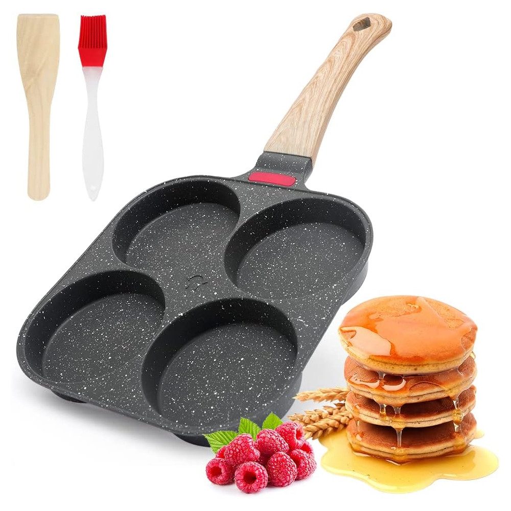 BlingBin Bratpfanne Spiegeleipfanne, 4 Loch Pancake Pfanne, Antihaftpfanne, Omlettpfanne, Steinzeug, Aluminium (1er Set, 1-tlg., 1 Stück), Multifunktionaler Frühstückstopf für Induktionsherd Gasherd, Schwarz