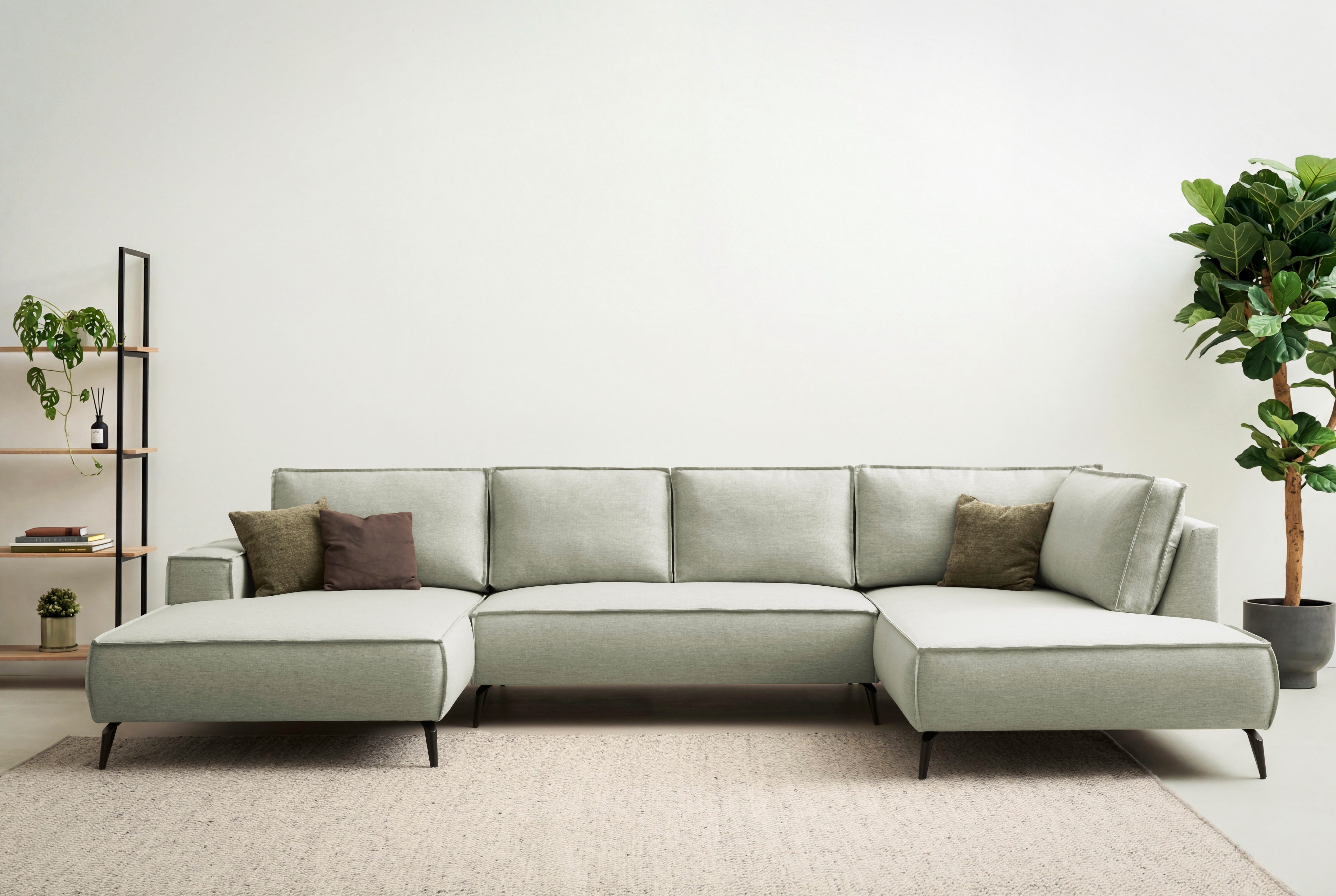 OTTO home Wohnlandschaft TVINNU Leinenoptik, 354 cm, Recamiere rechts/links, schwarze Metallfüße, bequeme Sitz-/Liegefläche