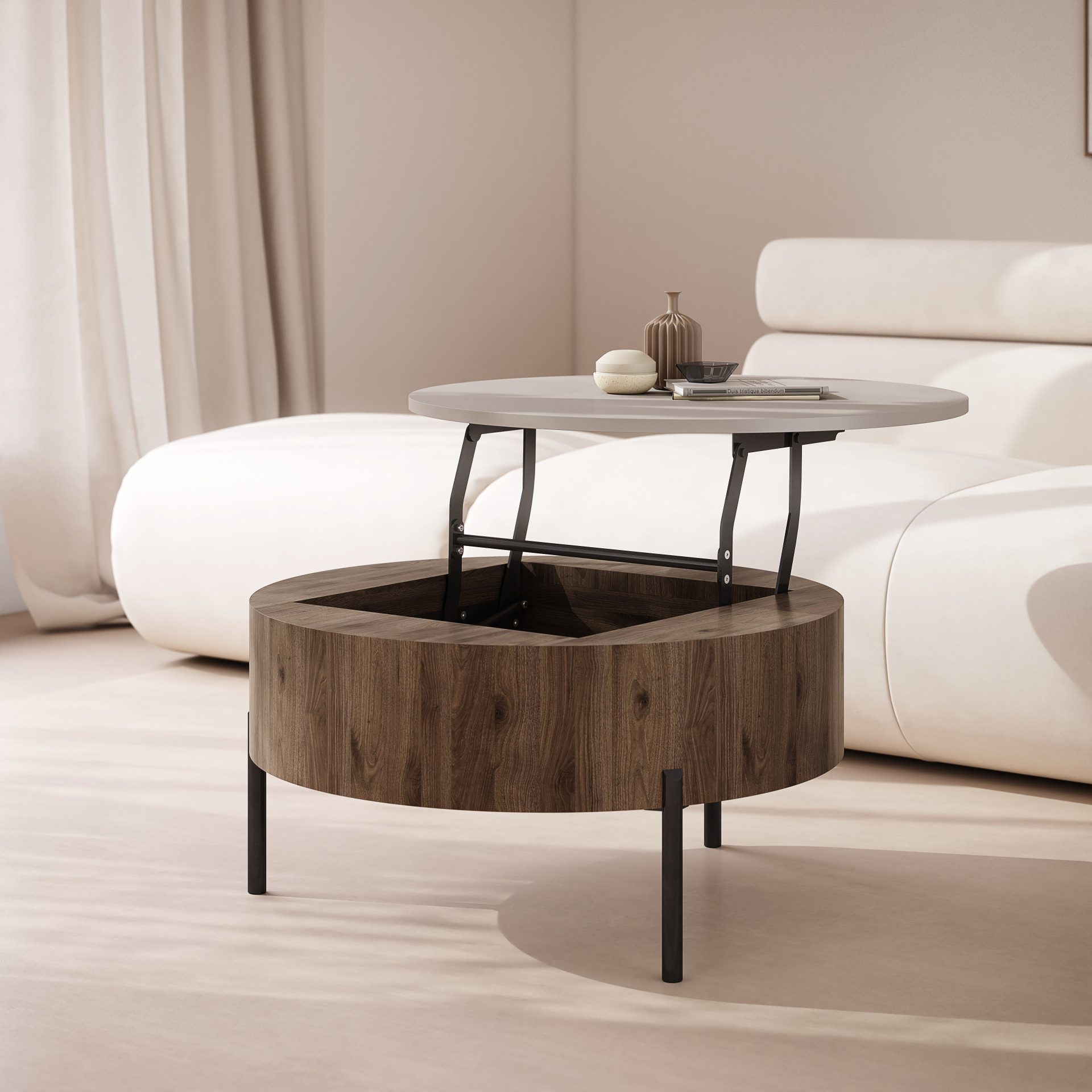 designimpex Couchtisch ZAF-1 rund aufklappbar höhenverstellbar mit Stauraum Wohnzimmer Tisch, Funktionstisch, Wohnzimmertisch, Tisch, Esstisch, Sofatisch, Rollen