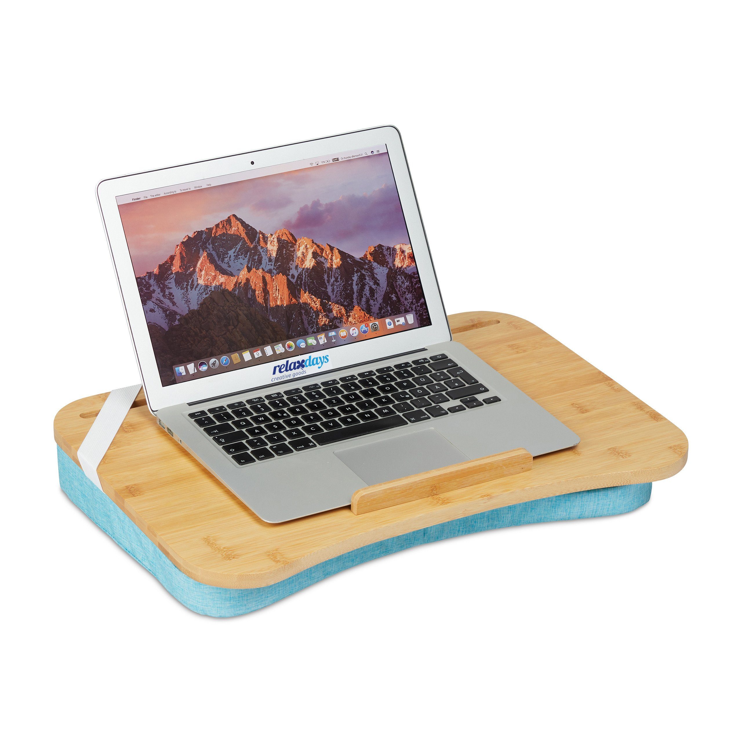 relaxdays Laptop Tablett Blaues Laptopkissen mit Bambusablage, Bambus