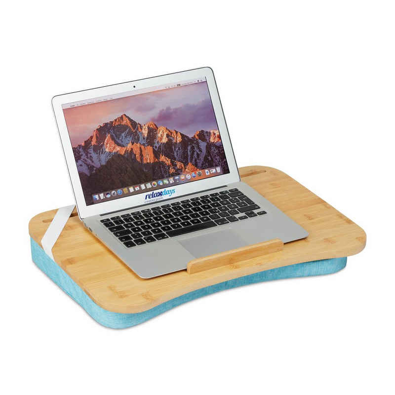relaxdays Laptop Tablett Blaues Laptopkissen mit Bambusablage, Bambus