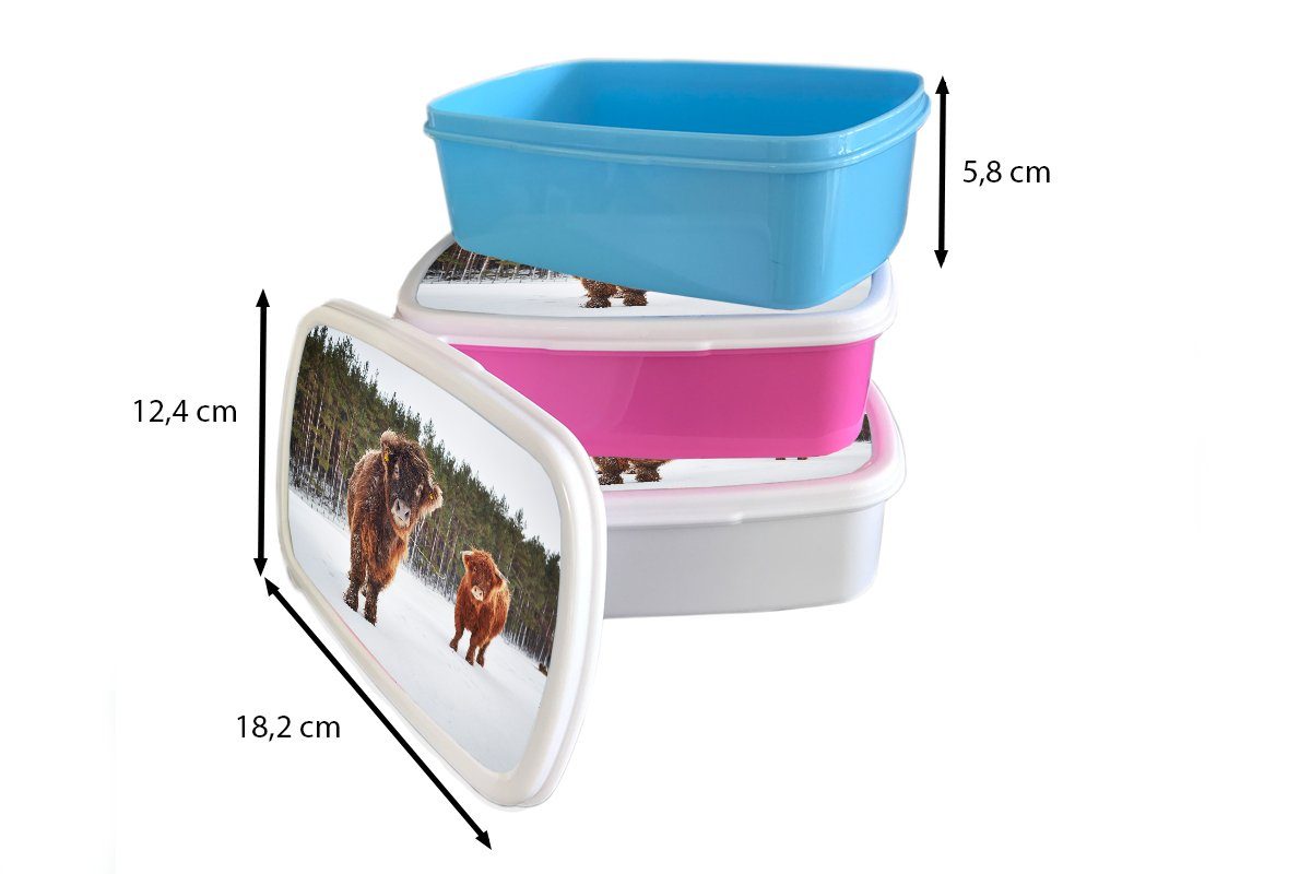 MuchoWow Lunchbox Schottische Highlander - Kunststoff Snackbox, Kinder, Kunststoff, für Erwachsene, (2-tlg), Brotdose Mädchen, Schnee - rosa Brotbox Kühe