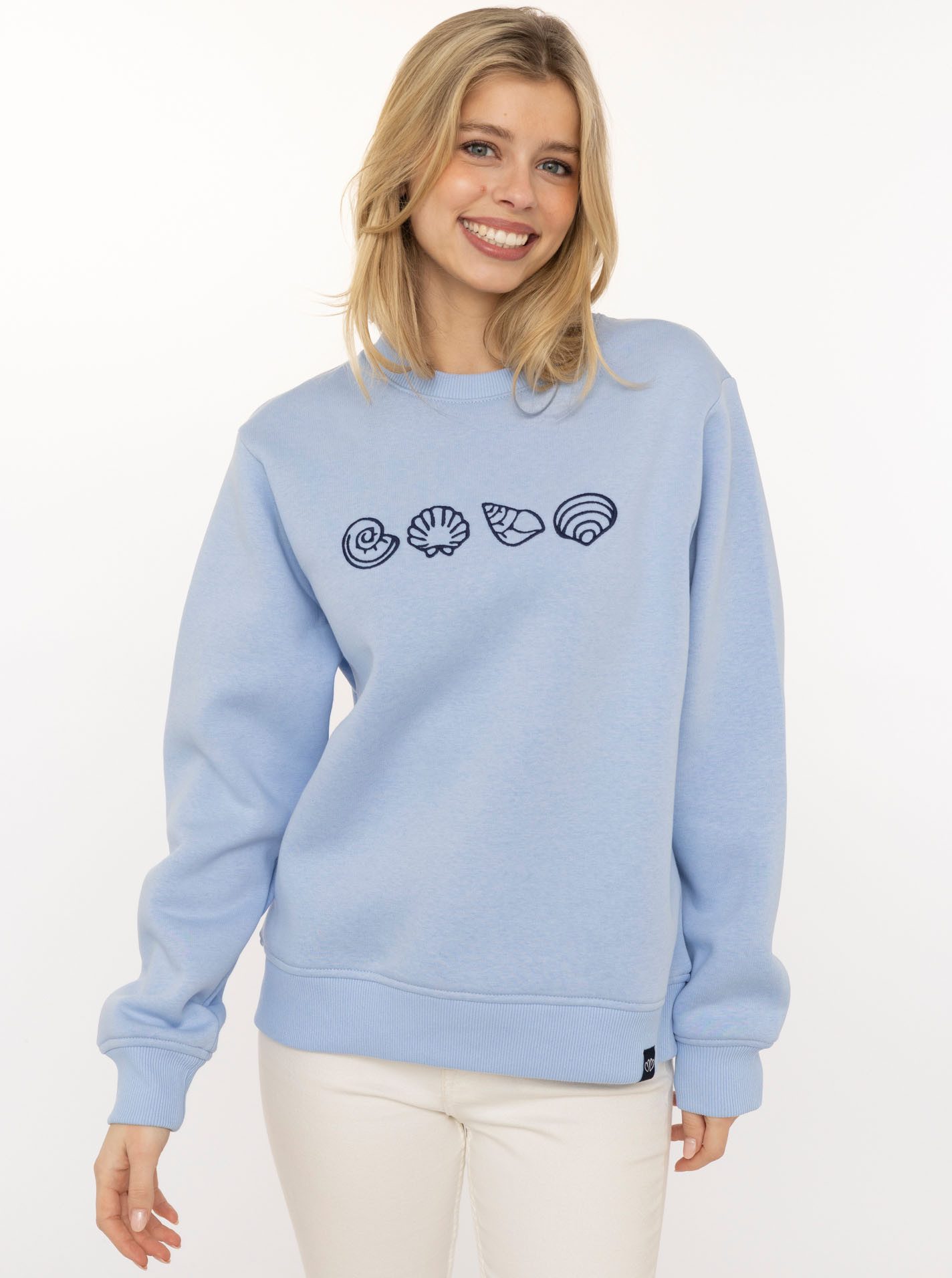 Zwillingsherz Hoodie "Muscheln" Aufwendige Muschel-Stickerei auf der Vorderseite, Rundhals, Ankerpatch