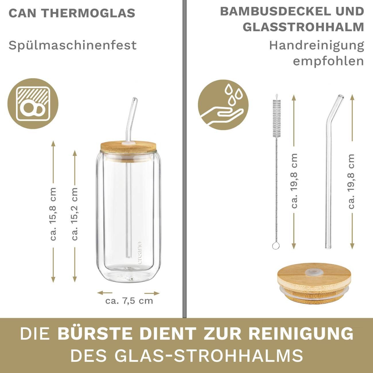 Creano Teeglas Creano doppelwandiges Trinkglas mit Deckel & Strohhalm 360ml 2er-Set, 2-tlg., Borosilikatglas