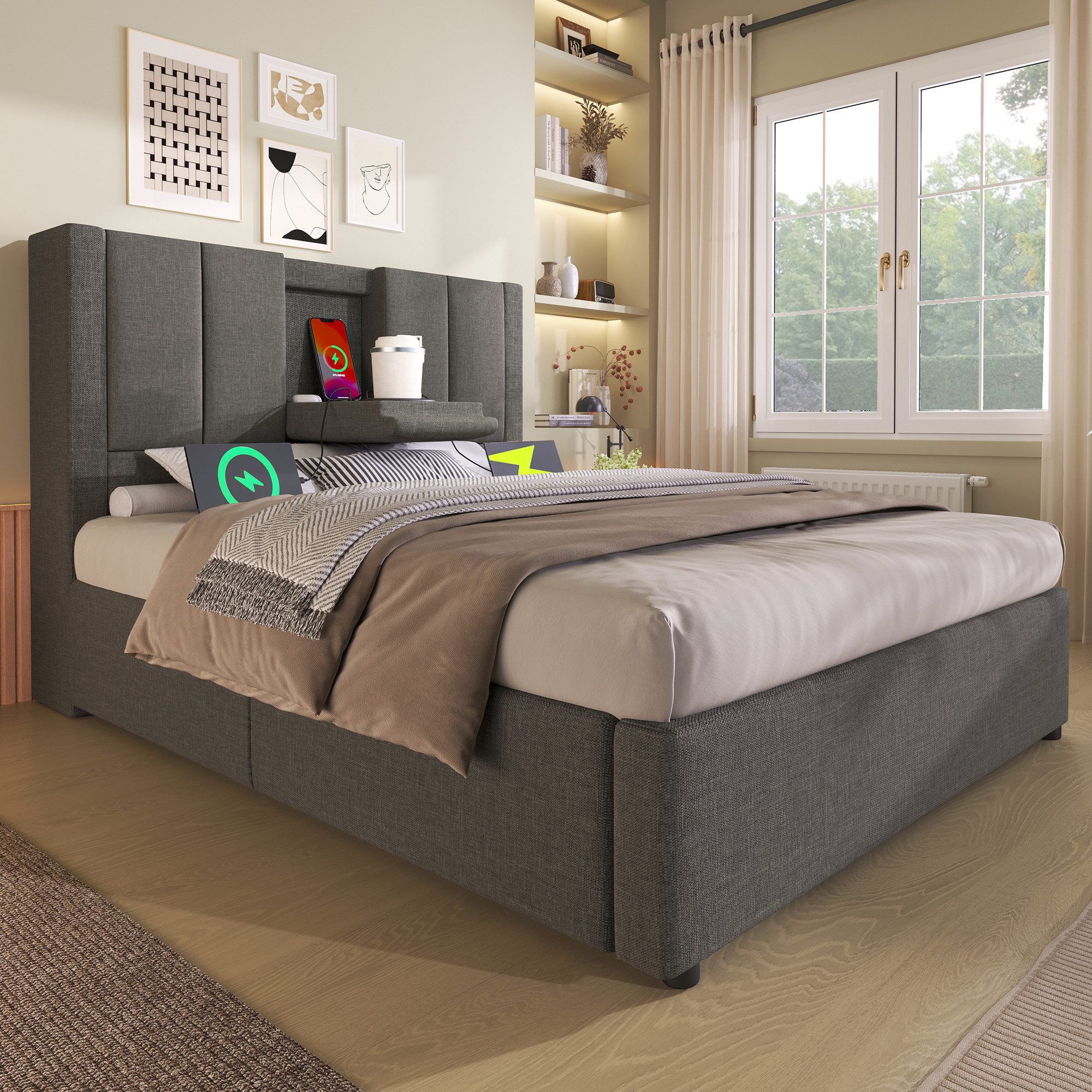 REDOM Polsterbett Polsterbett 90x200 cm mit Ladeanschluss und Stauraum (Struraumbett, Funktionsbett, Inkl. Lattenrost, Leinen Beige), mit verstecktem Becherhalter & Ladestation