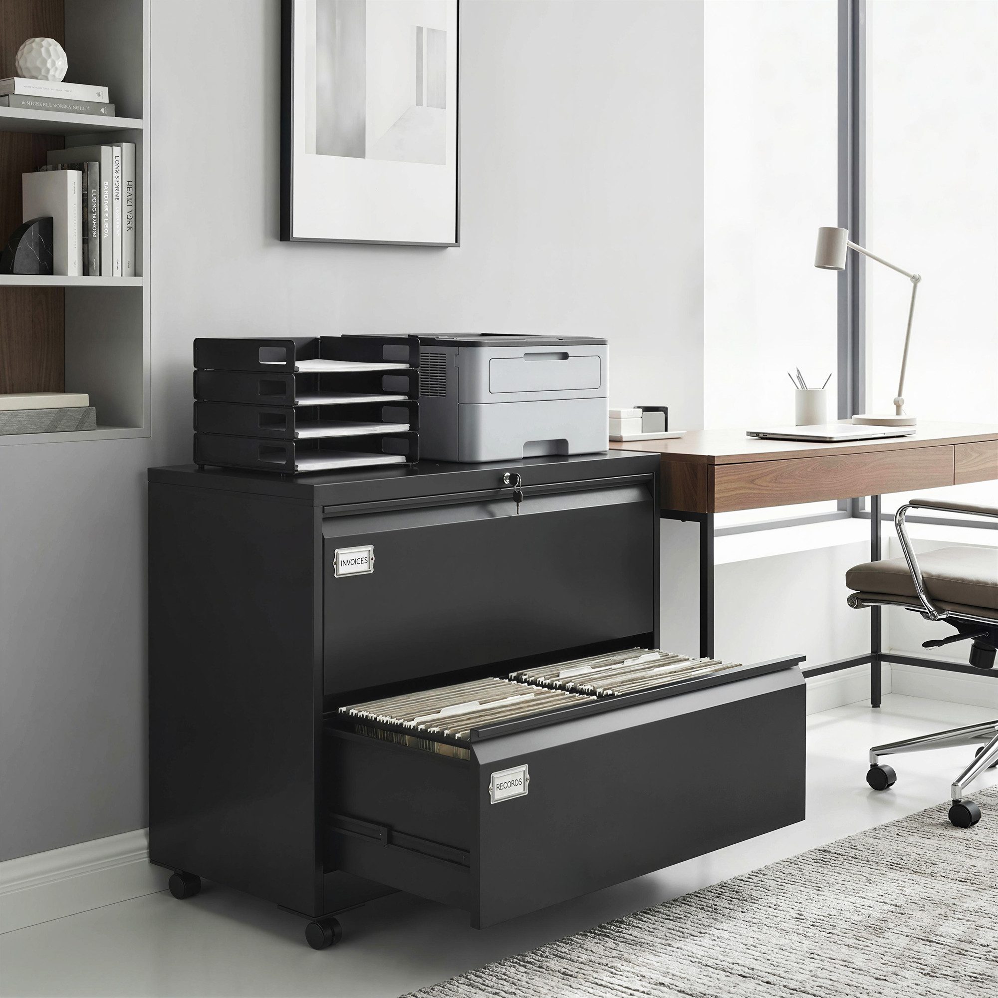 HOMCOM Aktenschrank mit 2 Schubladen Rollen verstellbarem Hängeregistratur (Rollcontainer, 1-St., abschließbar Büroschrank) für Büro, Homeoffice, 90 x 40 x 77,4 cm, Schwarz