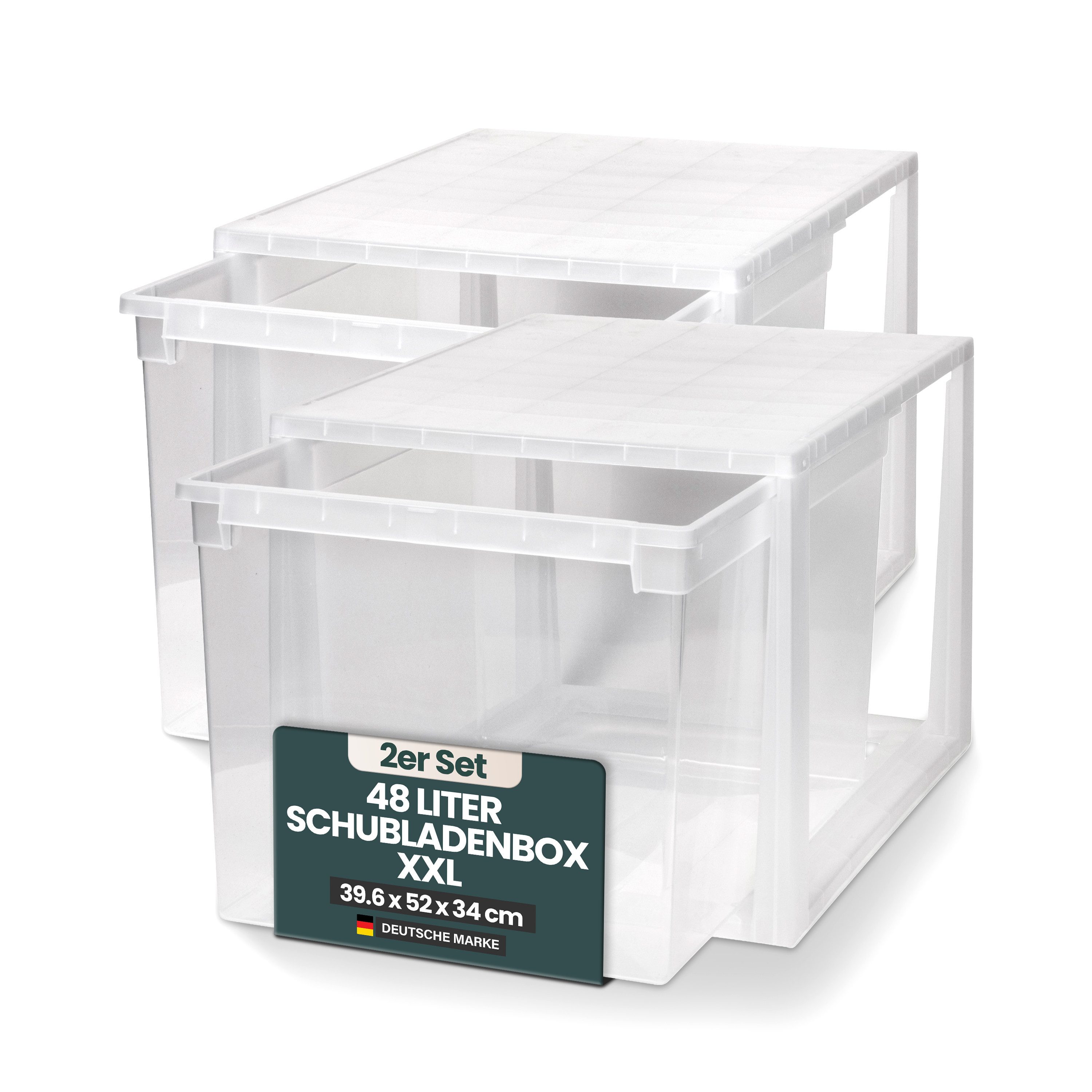KreLeo Schubladenbox Set: 2 x Größe 52 XXL, in Transparent, 48 Liter Volumen
