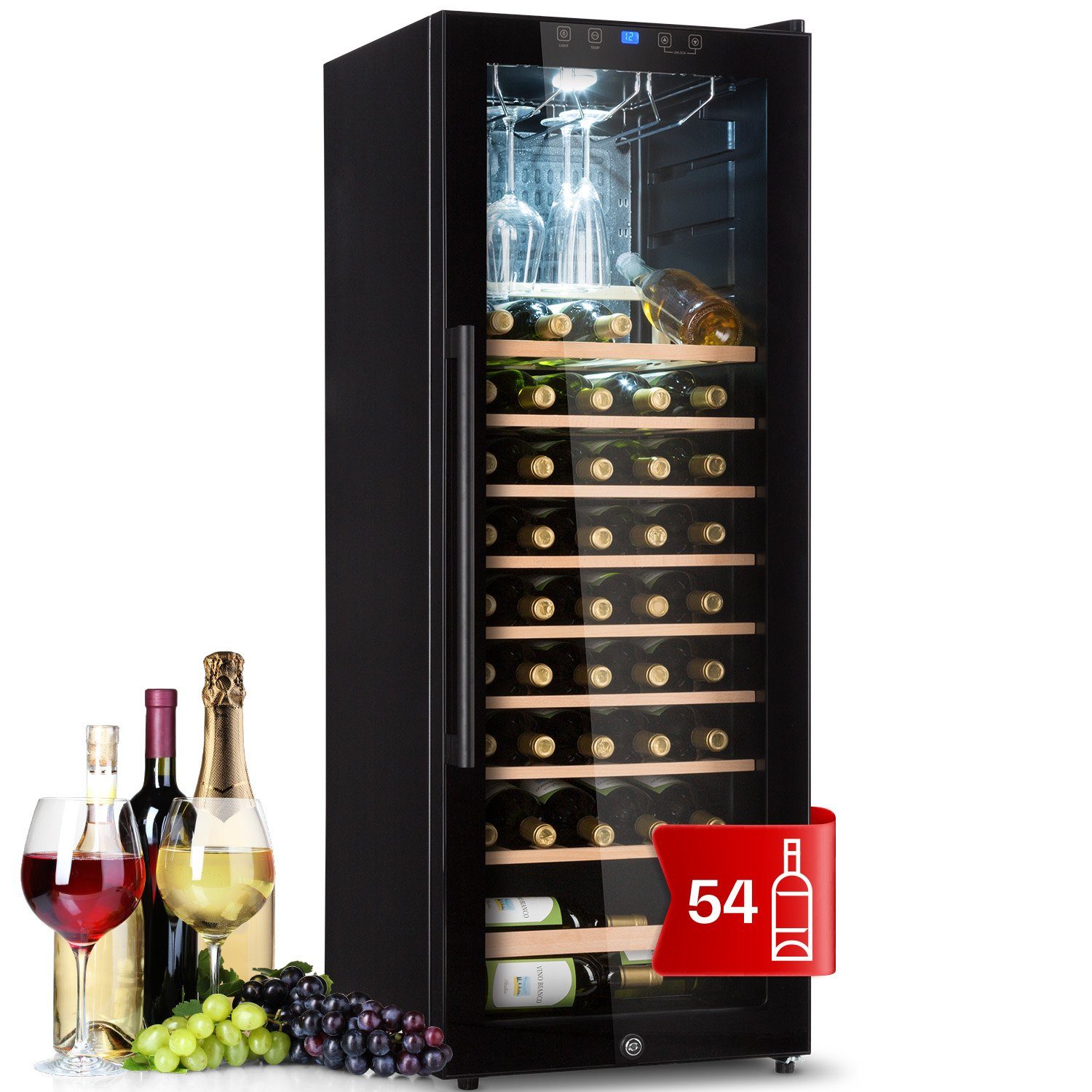 Klarstein Weinkühlschrank Barossa 54 Uno Weinkühlschrank 155 L 54 Flaschen Glastür Touch LED, für 54 Standardflaschen á 0,75l,Wein Flaschenkühlschrank Weintemperierschrank Weinschrank Kühlschrank