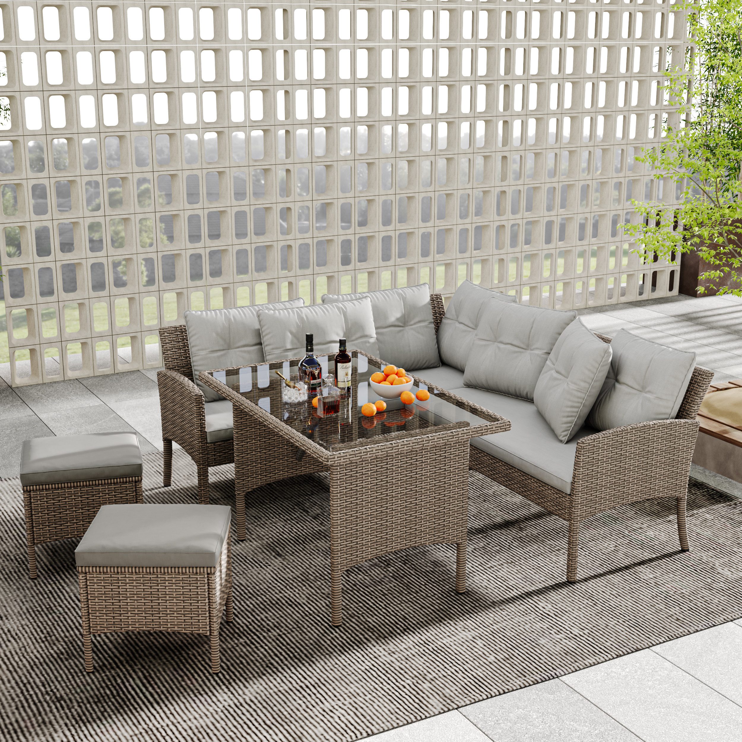 Merax Garten-Essgruppe für 7 Personen mit Stahlrahmen und Kissen, (5-tlg., 1 Esstisch, 1 3-Sitzer, 1 2-Sitzer-Ecksofa, 2 Hocker), Gartenmöbel Set Polyrattan, Gartenlounge Set, Sitzgruppe