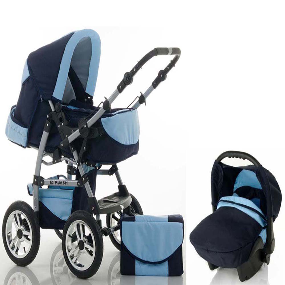babies-on-wheels Kombi-Kinderwagen 3 in 1 Kinderwagen-Set Flash inkl. Autositz - 15 Teile - in 18 Farben Navy-Hellblau