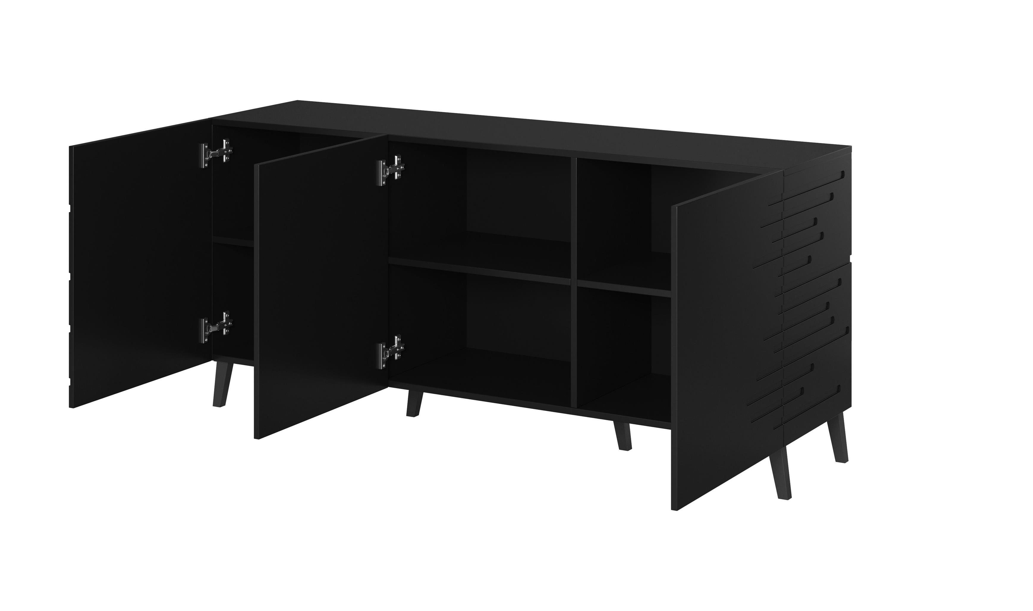 x und mit Zierfüßen, Kommode Schwarz cm drei NEVILLA T38 B155x matt H72 Flügeltüren Furnix Sideboard